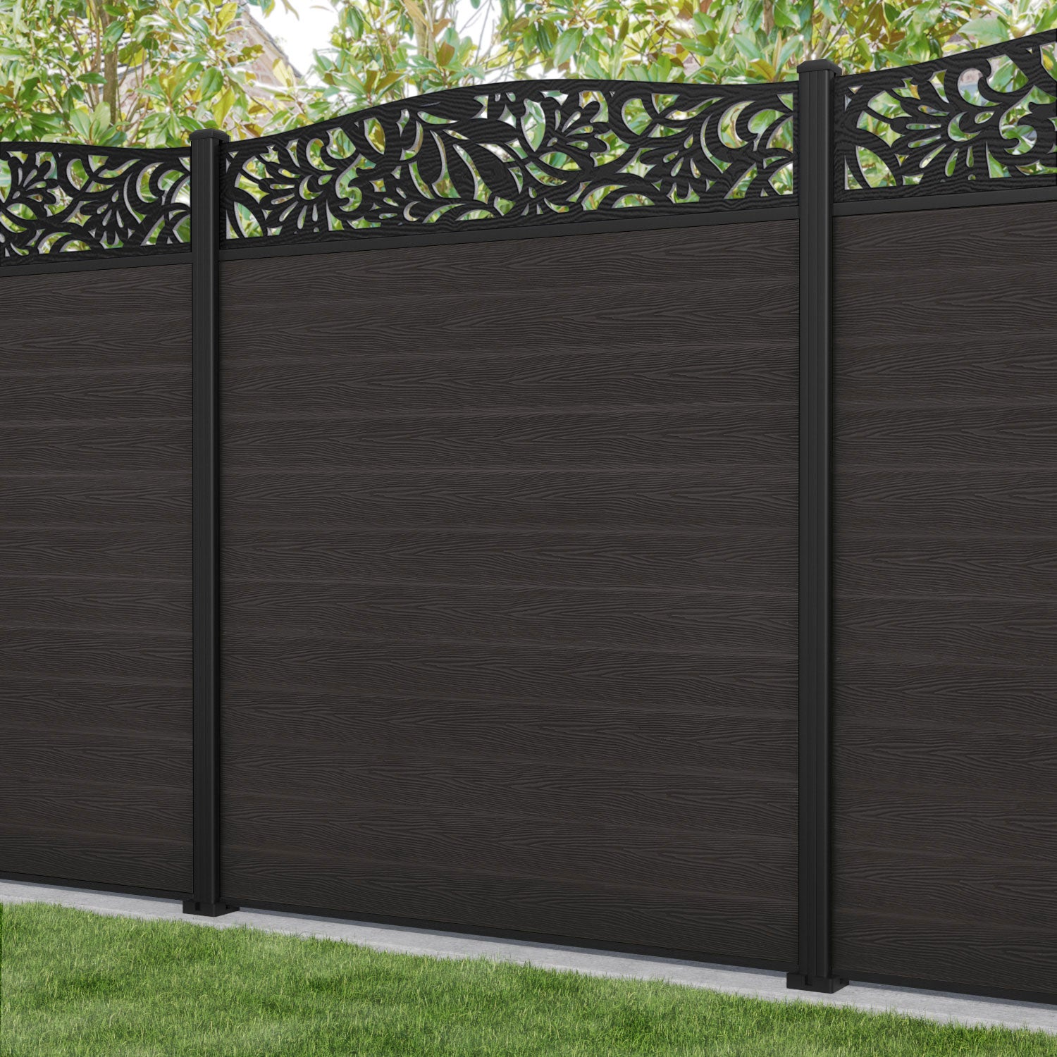 Classic Heritage Curved Top Fence Panel - Dark Oak - with our aluminium posts