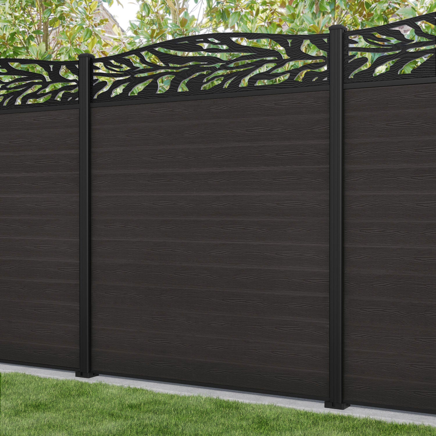 Classic Malawi Curved Top Fence Panel - Dark Oak - with our aluminium posts