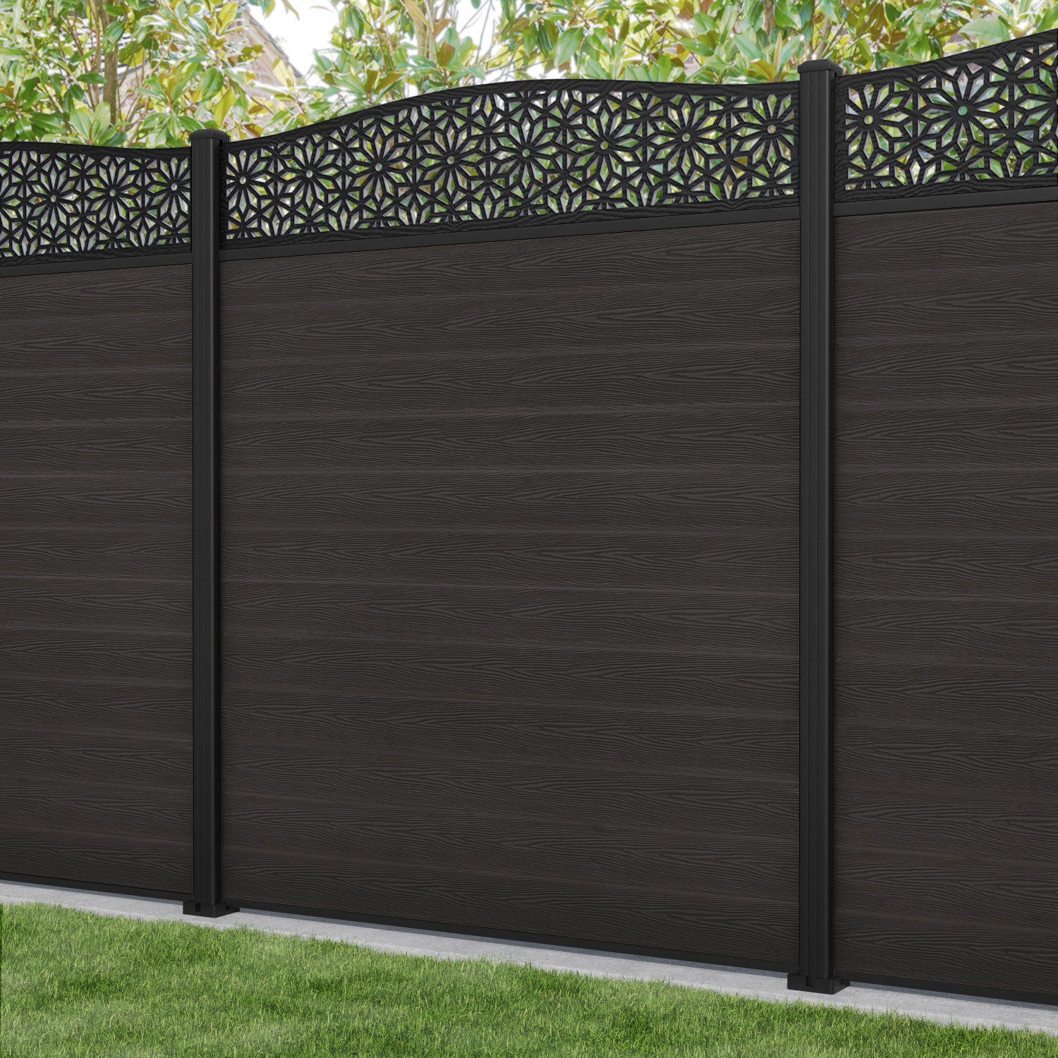 Classic Narwa Curved Top Fence Panel - Dark Oak - with our aluminium posts