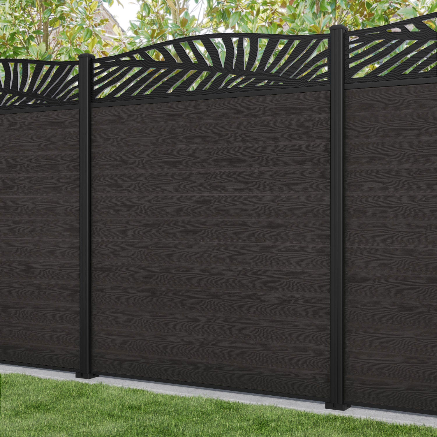 Classic Palm Curved Top Fence Panel - Dark Oak - with our aluminium posts