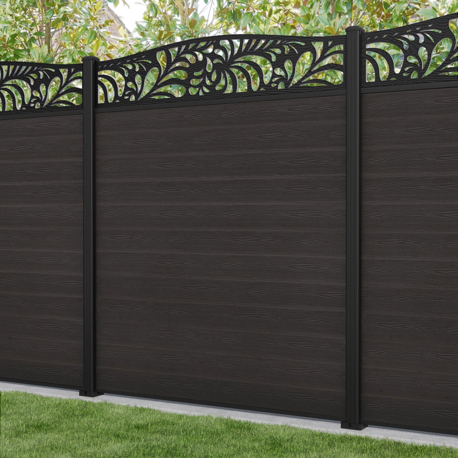 Classic Petal Curved Top Fence Panel - Dark Oak - with our aluminium posts