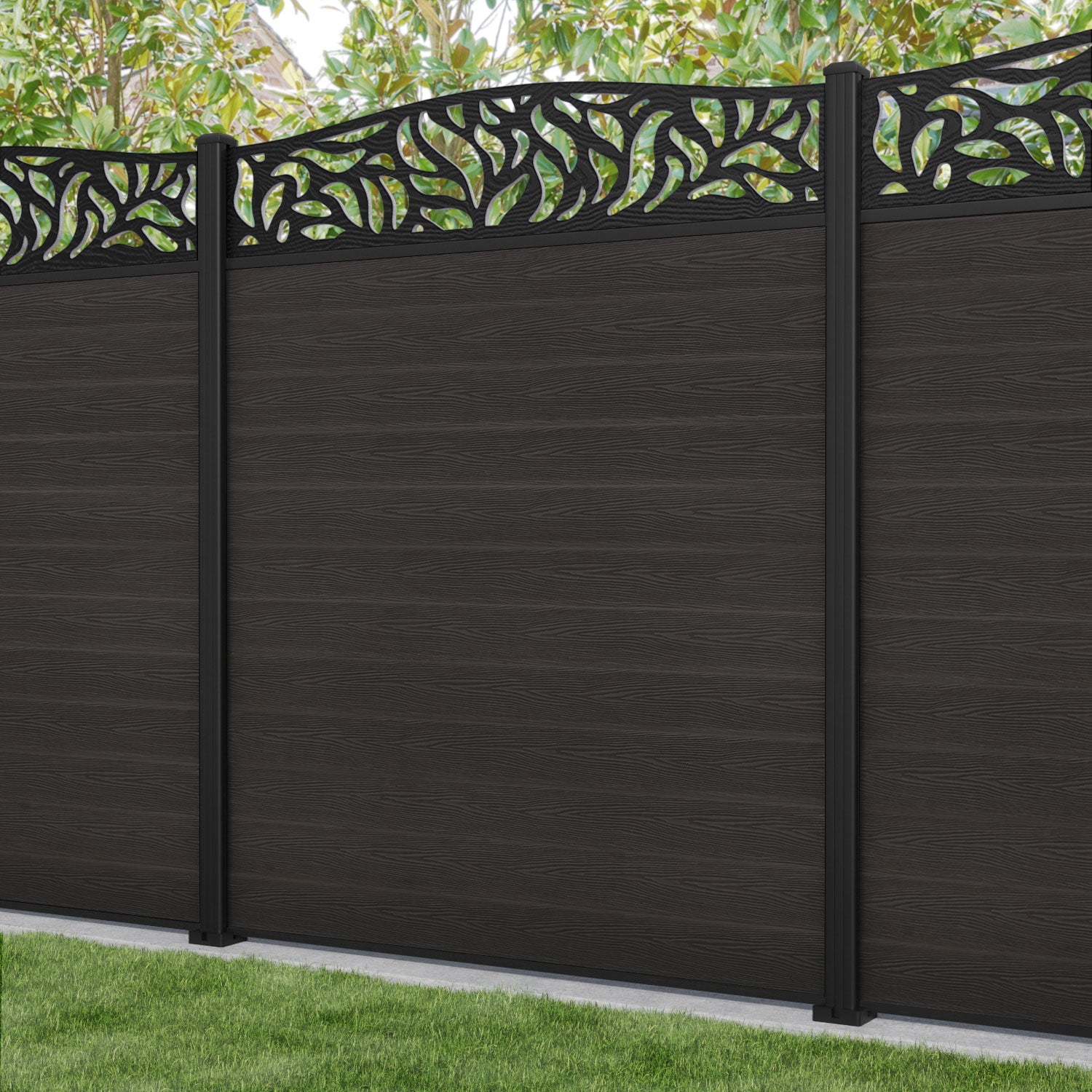 Classic Plume Curved Top Fence Panel - Dark Oak - with our aluminium posts