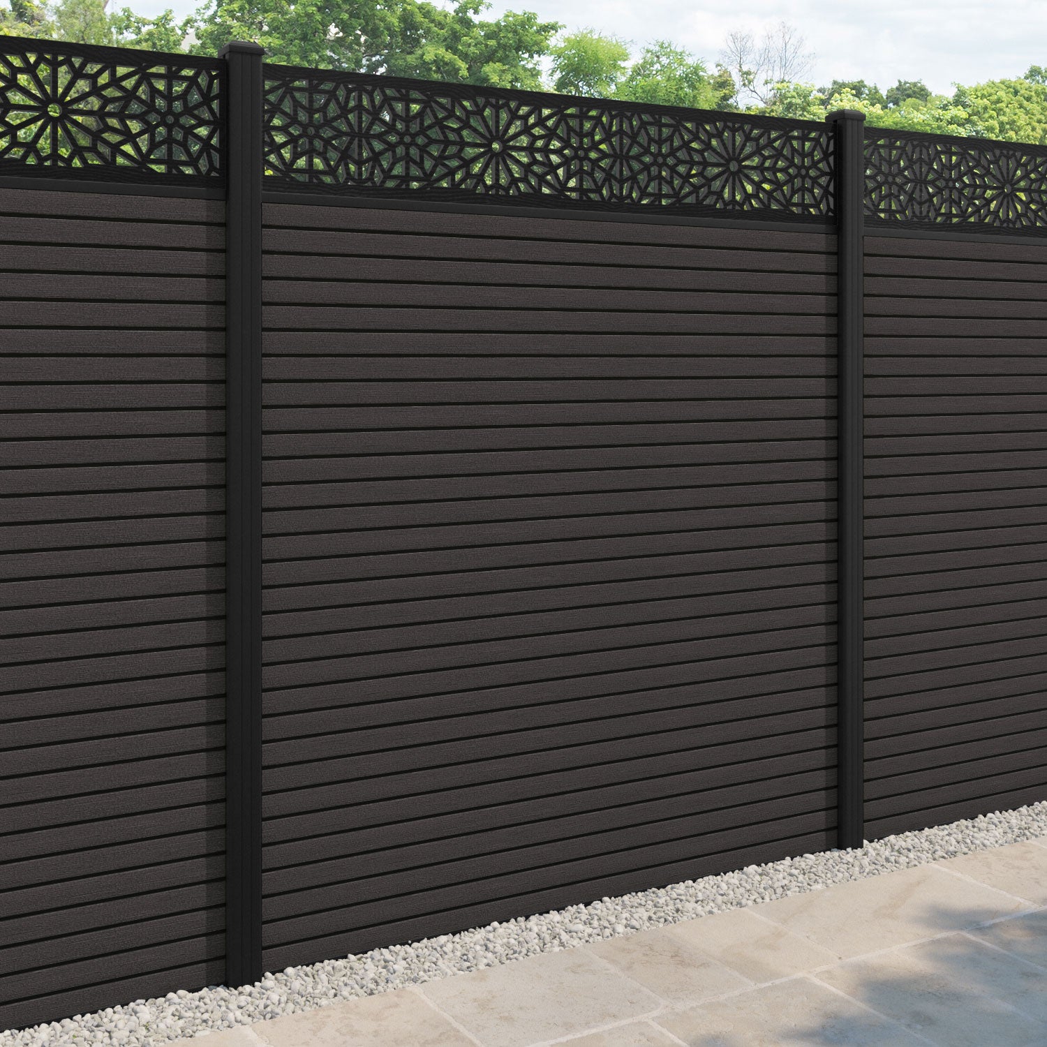 Hudson Alnara Fence Panel - Dark Oak - with our aluminium posts