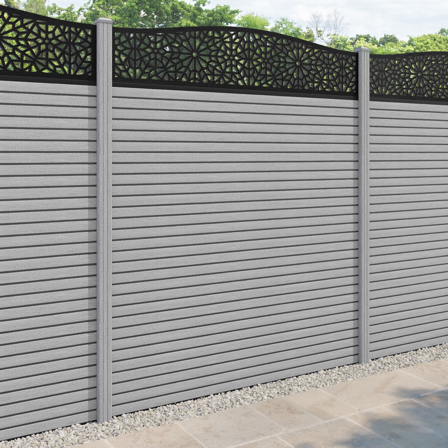 Hudson Alnara Curved Top Fence Panel - Light Grey - with our composite posts