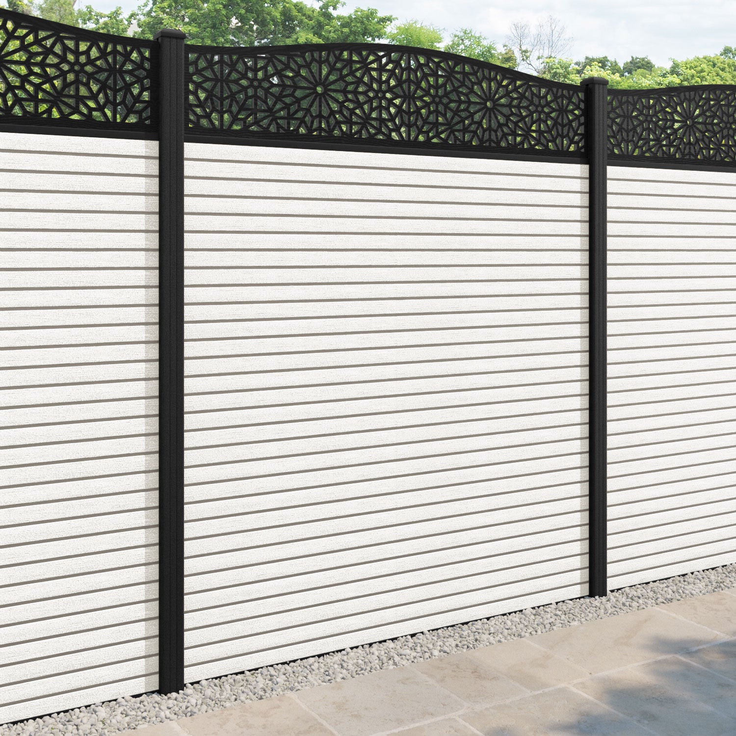 Hudson Alnara Curved Top Fence Panel - Light Stone - with our composite posts