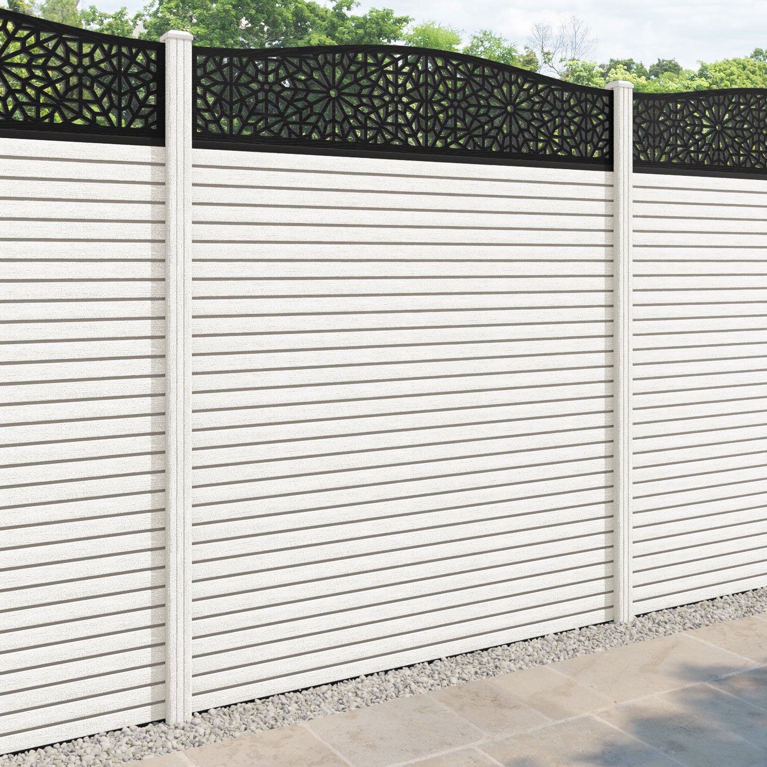 Hudson Alnara Curved Top Fence Panel - Light Stone - with our composite posts