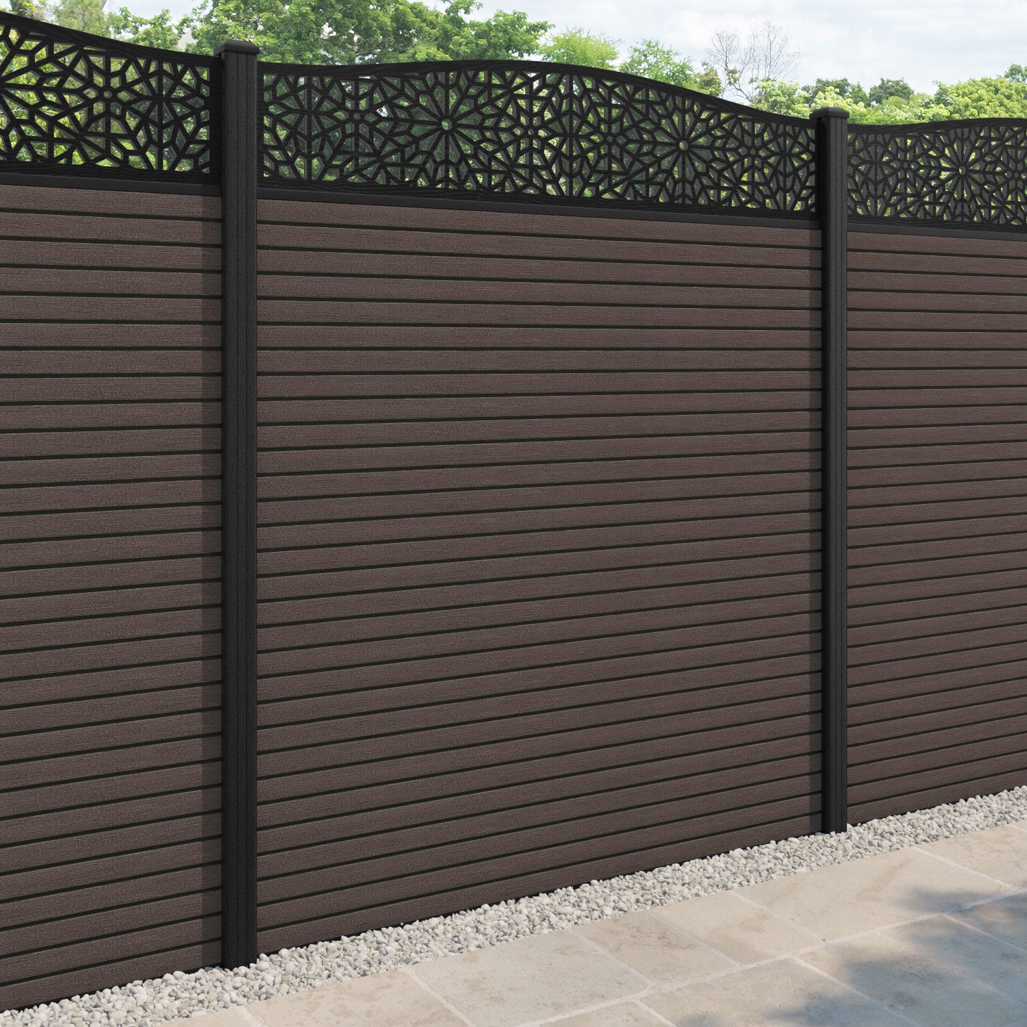 Hudson Alnara Curved Top Fence Panel - Mid Brown - with our composite posts