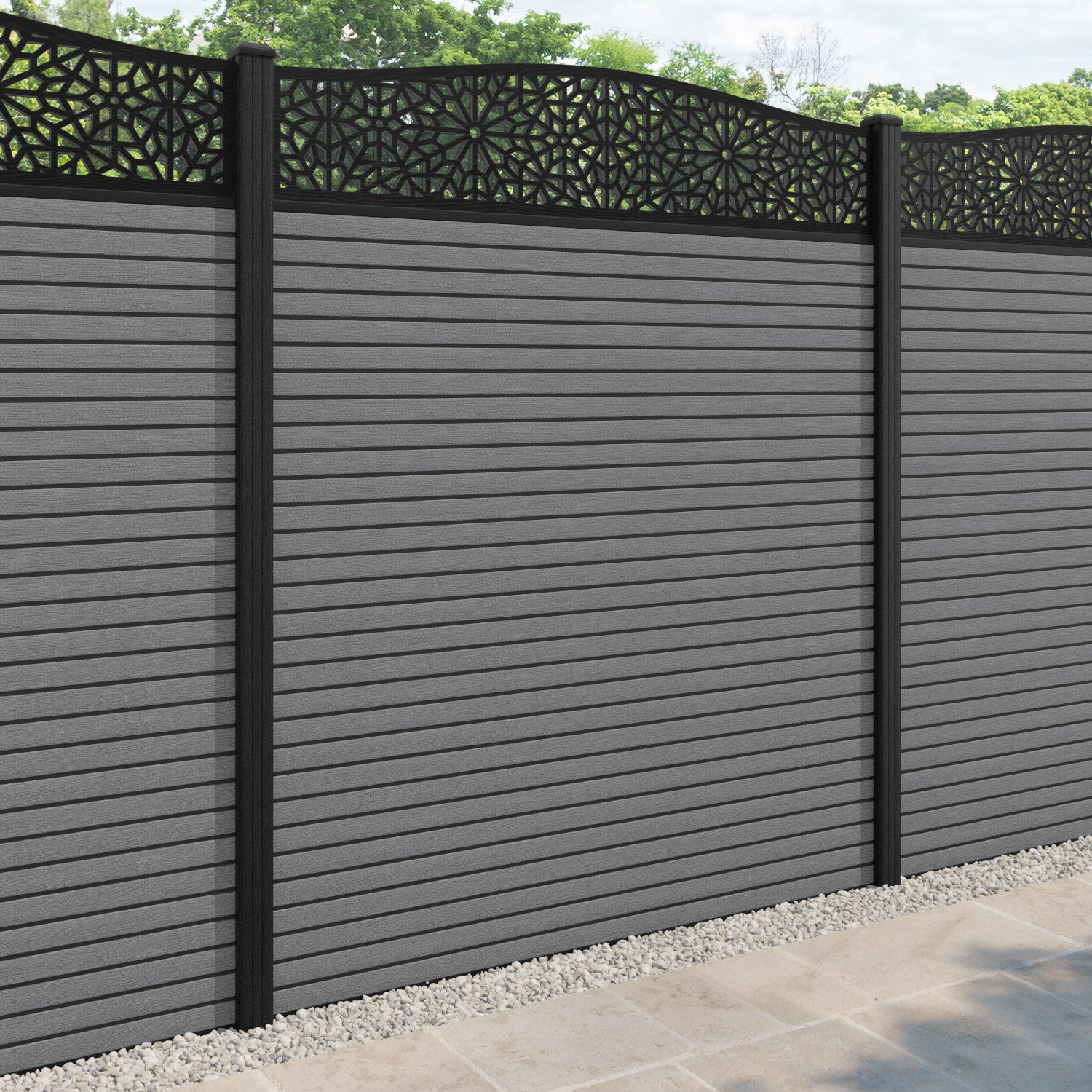 Hudson Alnara Curved Top Fence Panel - Mid Grey - with our composite posts