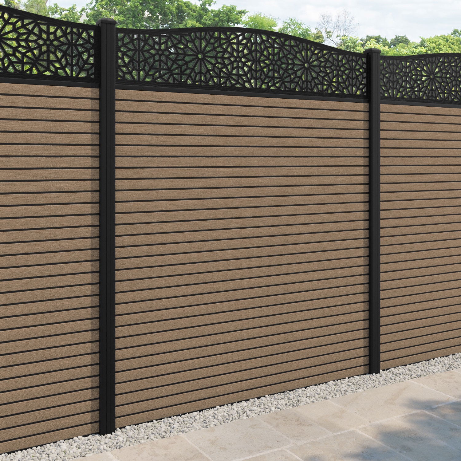 Hudson Alnara Curved Top Fence Panel - Teak - with our aluminium posts