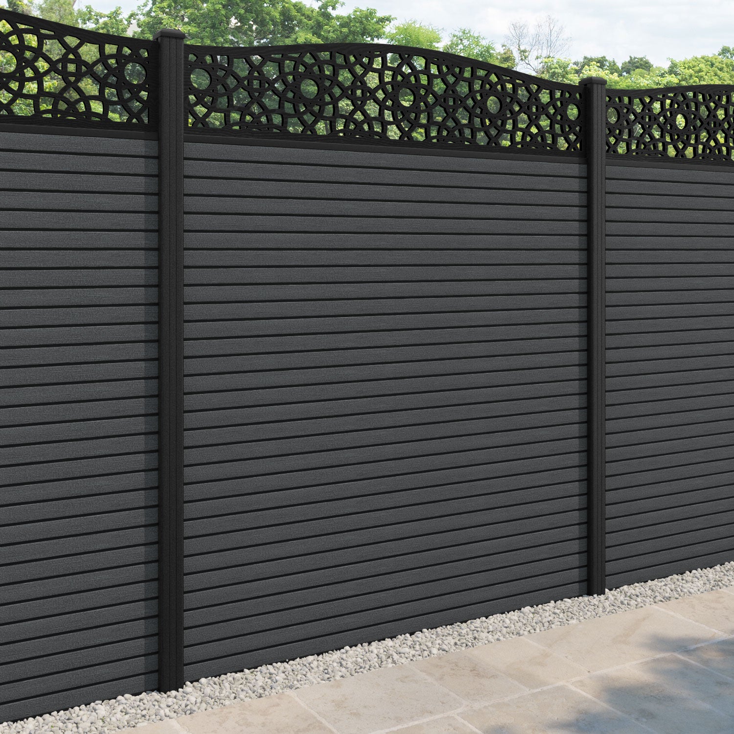 Hudson Ambar Curved Top Fence Panel - Dark Grey - with our composite posts