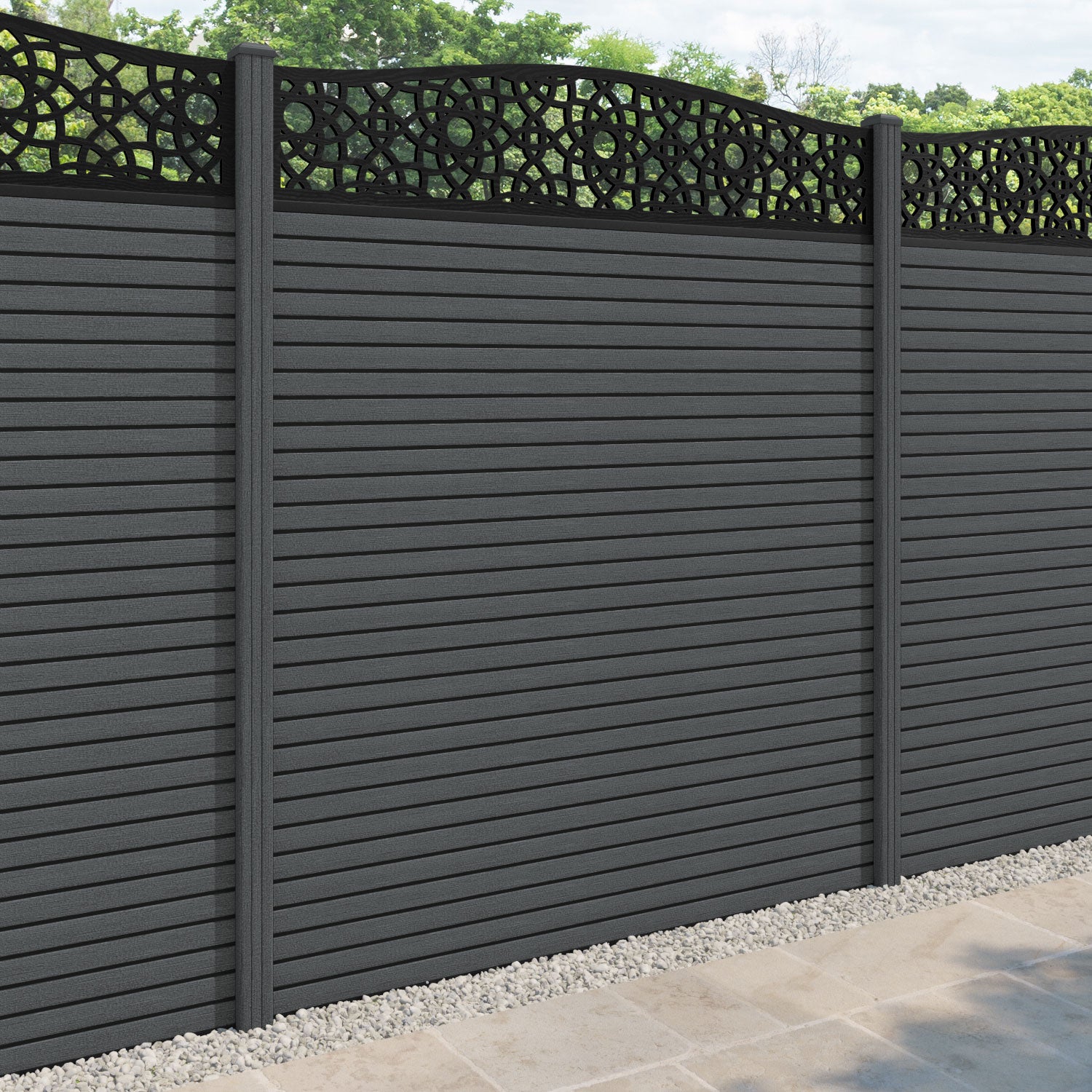 Hudson Ambar Curved Top Fence Panel - Dark Grey - with our composite posts