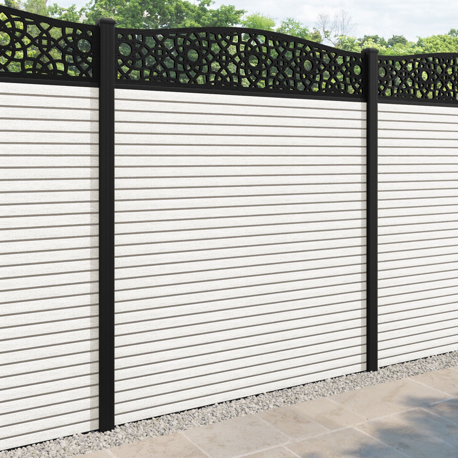 Hudson Ambar Curved Top Fence Panel - Light Stone - with our aluminium posts