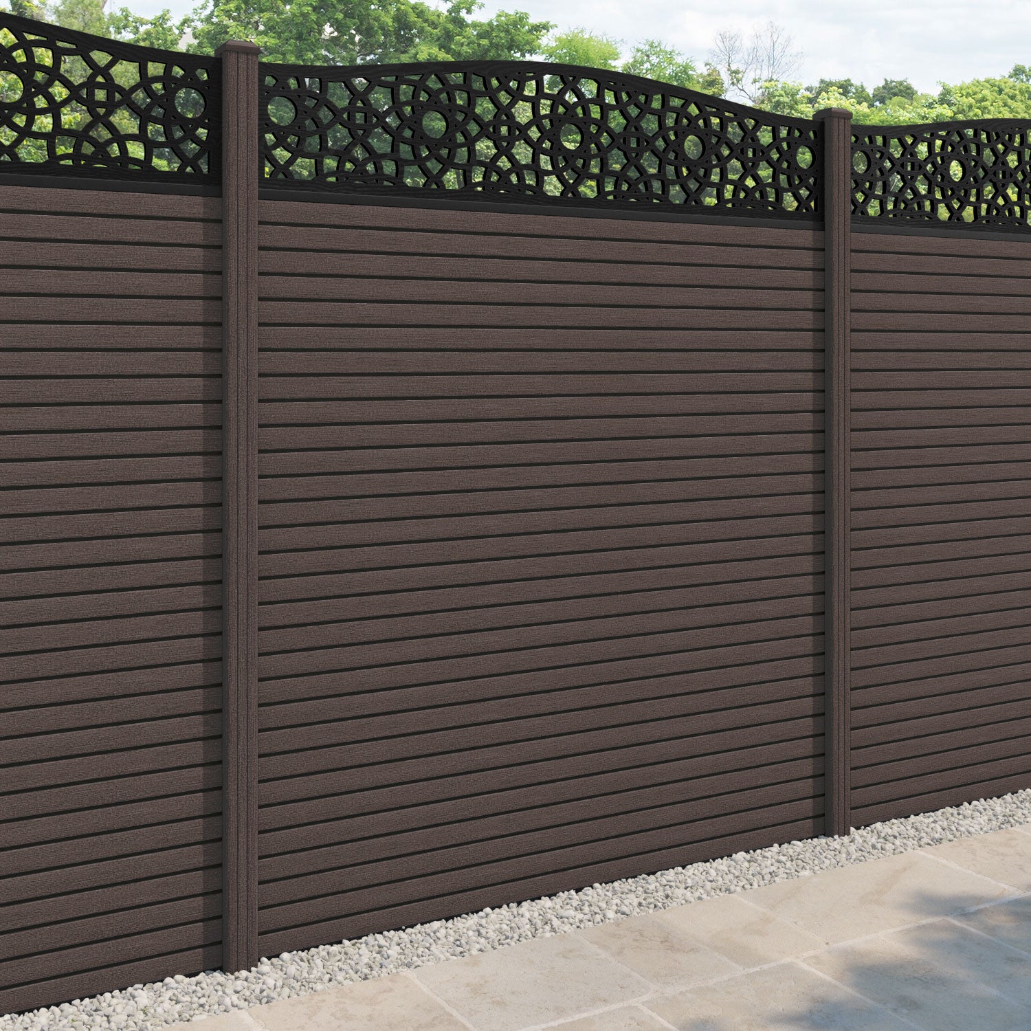 Hudson Ambar Curved Top Fence Panel - Mid Brown - with our composite posts