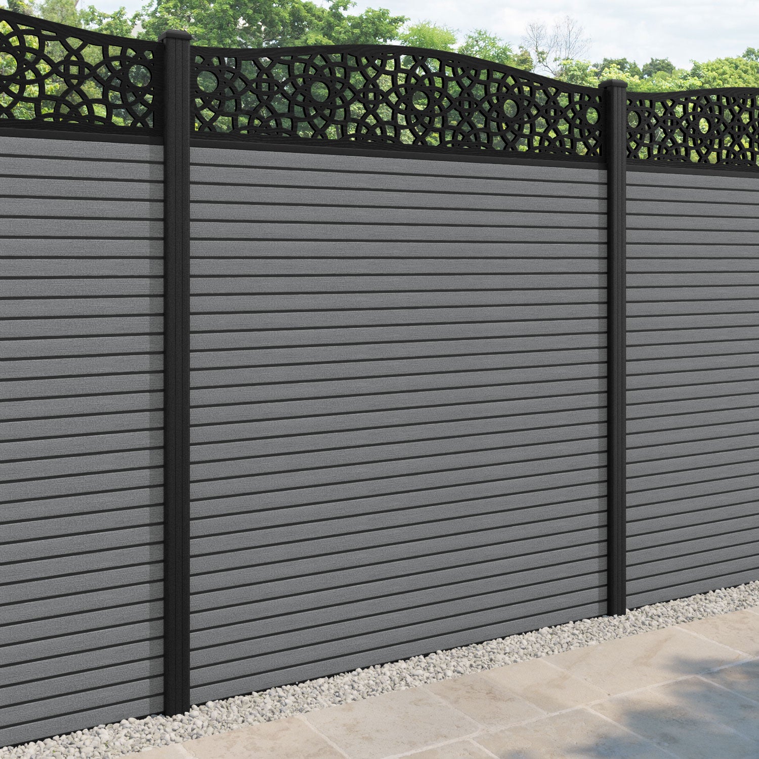 Hudson Ambar Curved Top Fence Panel - Mid Grey - with our composite posts