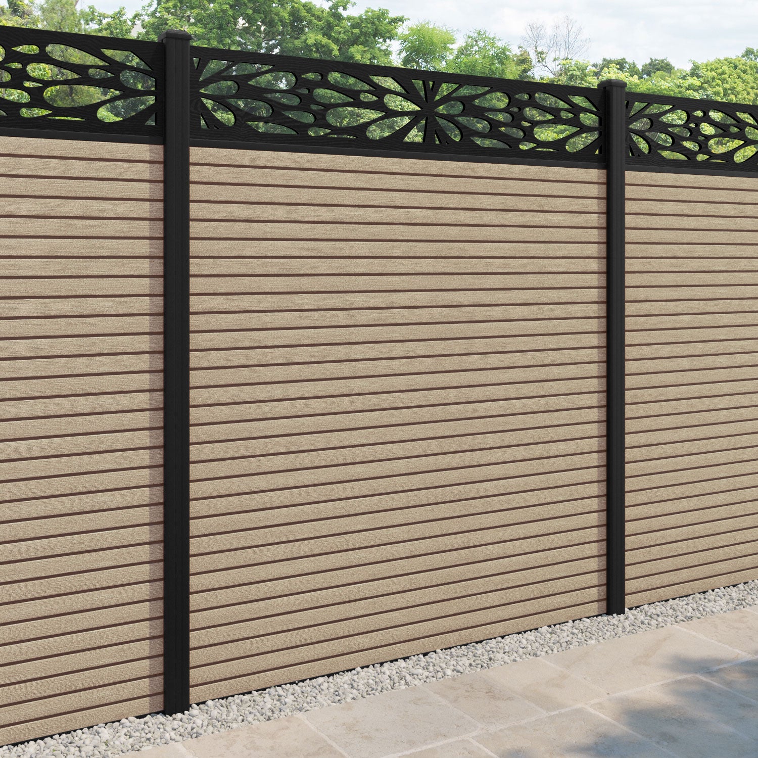 Hudson Blossom Fence Panel - Light Oak - with our aluminium posts