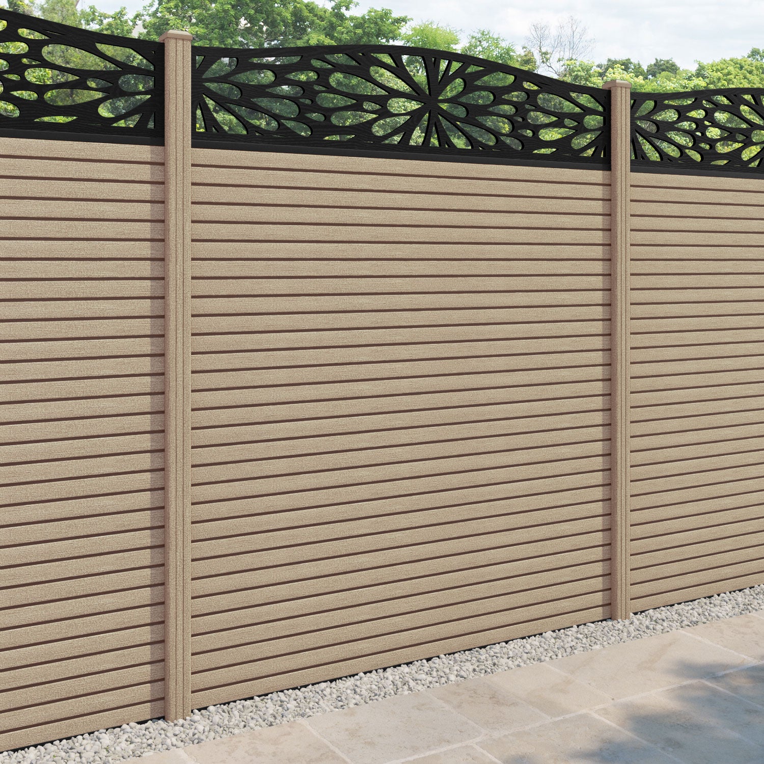 Hudson Blossom Curved Top Fence Panel - Light Oak - with our composite posts