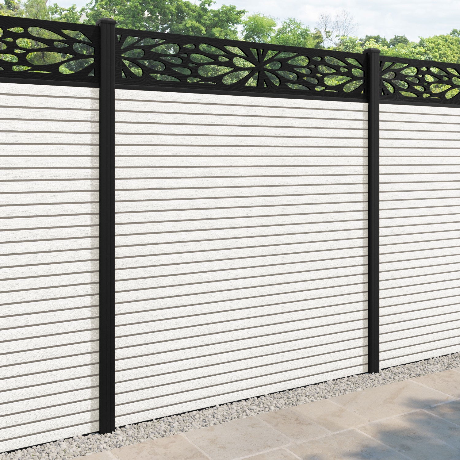Hudson Blossom Fence Panel - Light Stone - with our aluminium posts