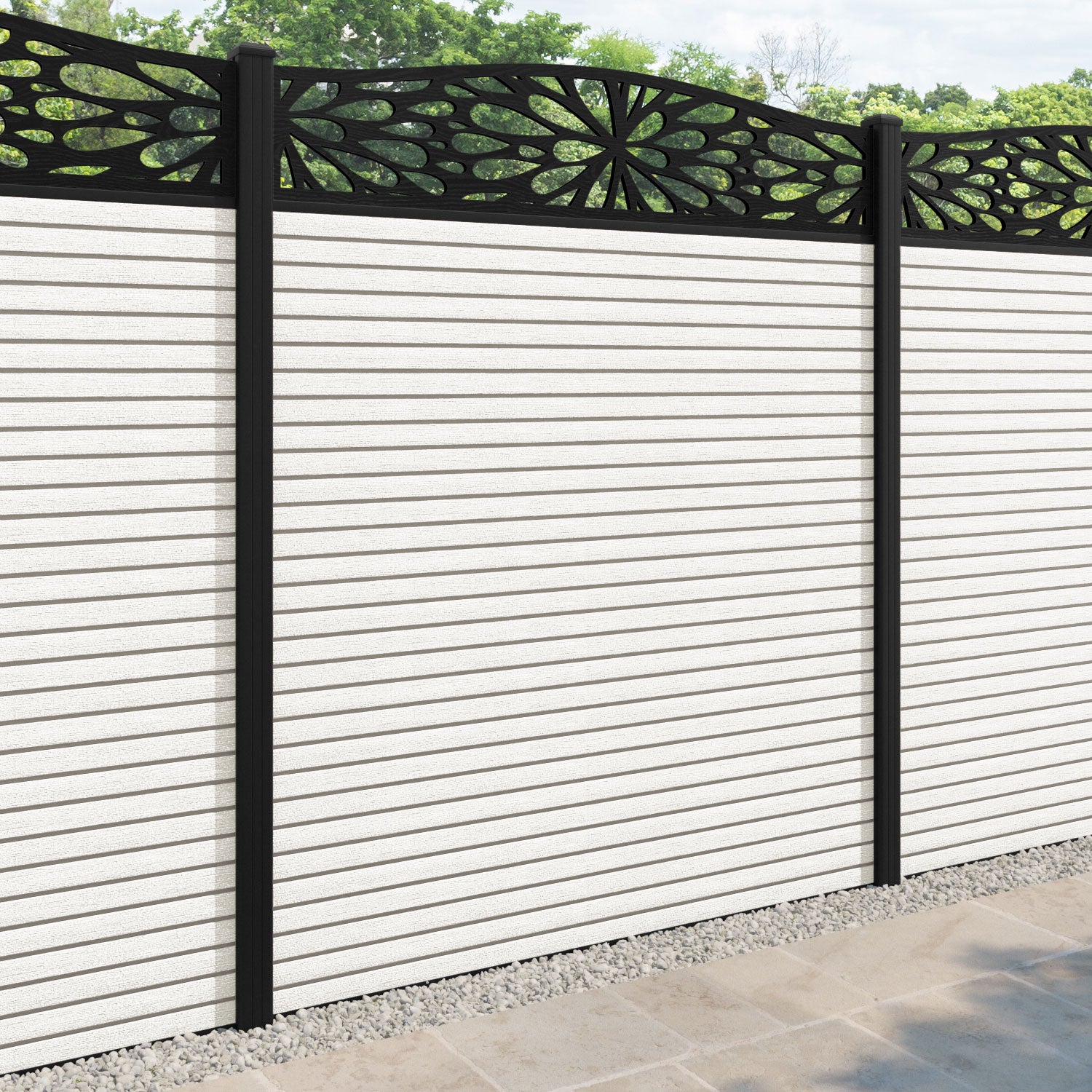 Hudson Blossom Curved Top Fence Panel - Light Stone - with our aluminium posts