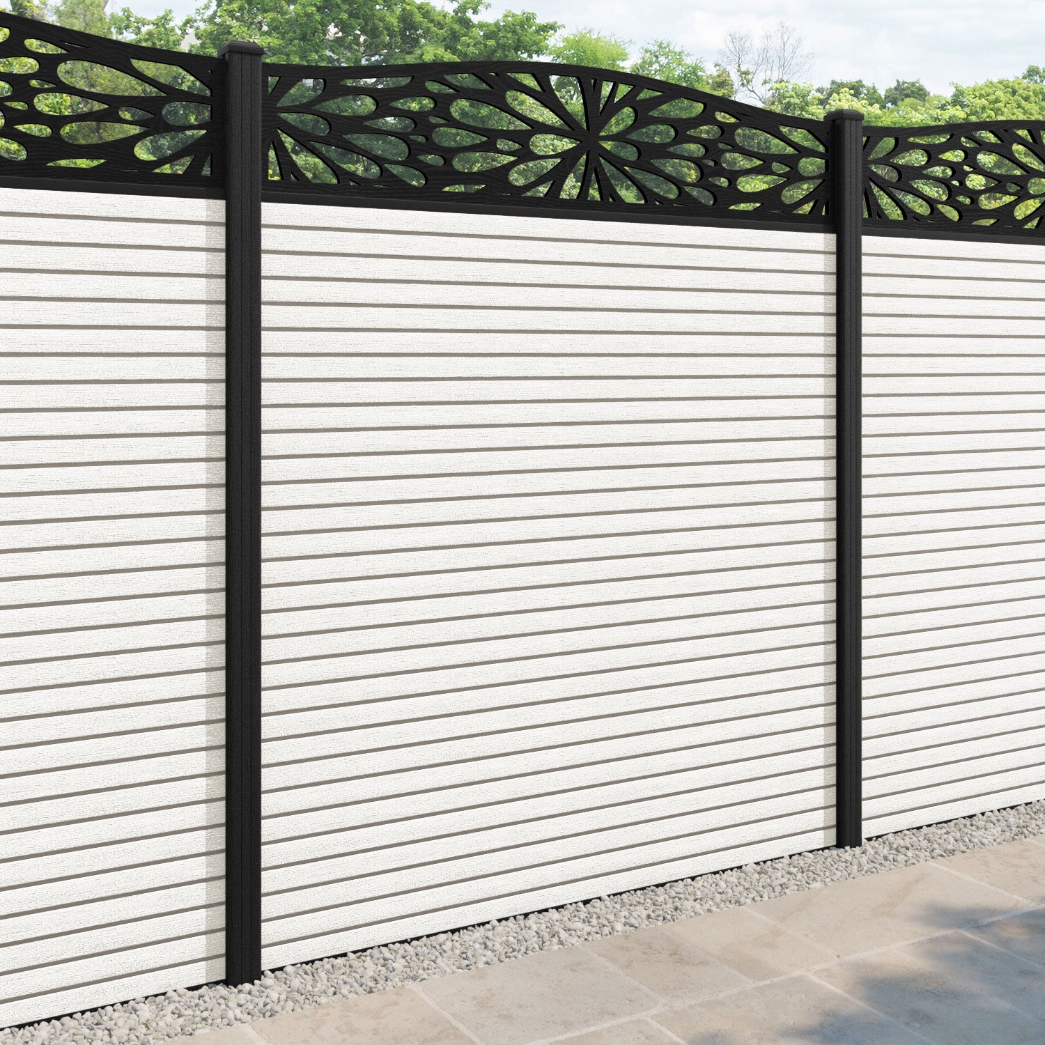 Hudson Blossom Curved Top Fence Panel - Light Stone - with our composite posts
