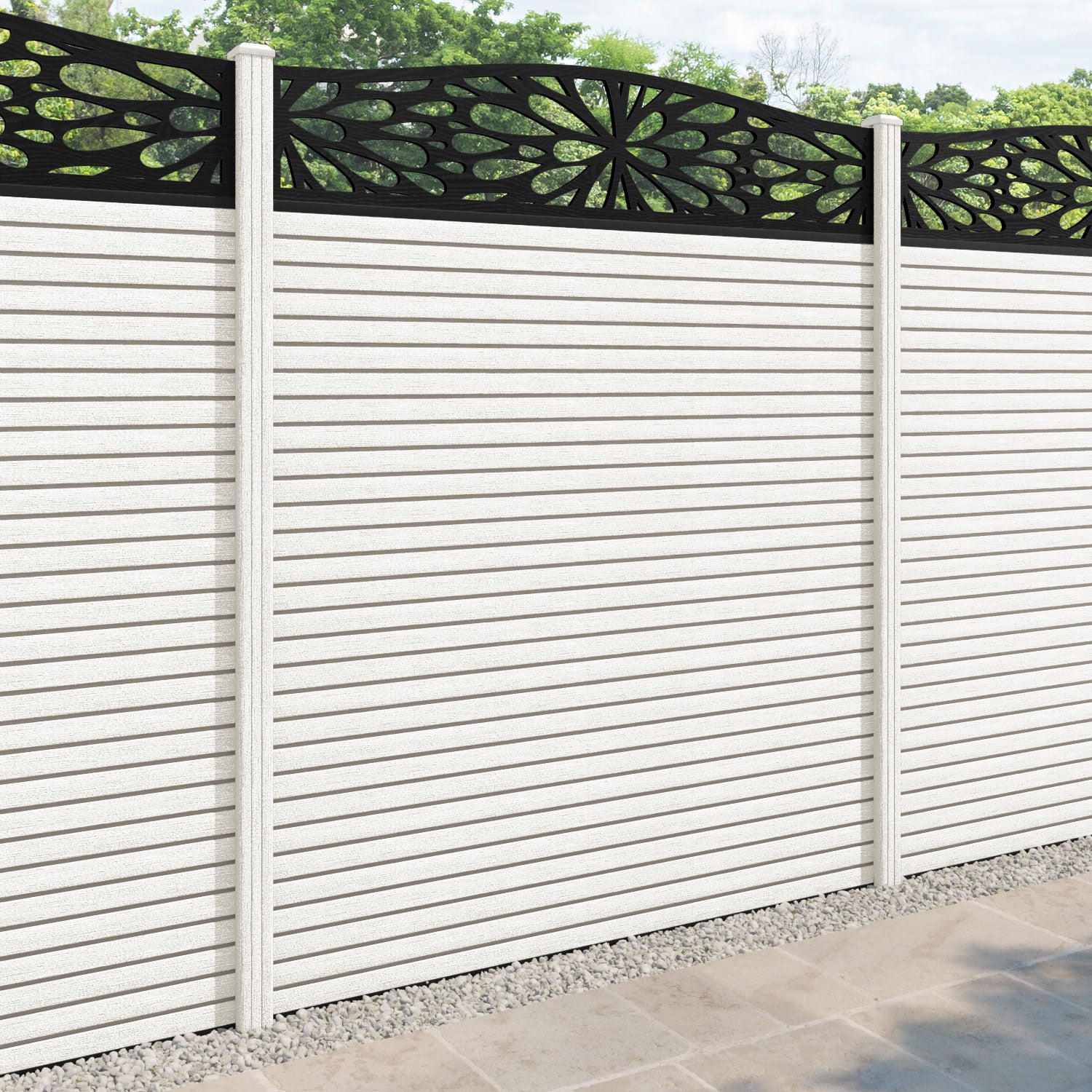 Hudson Blossom Curved Top Fence Panel - Light Stone - with our composite posts