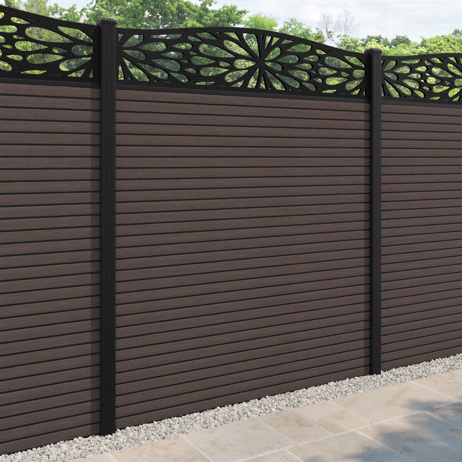 Hudson Blossom Curved Top Fence Panel - Mid Brown - with our aluminium posts