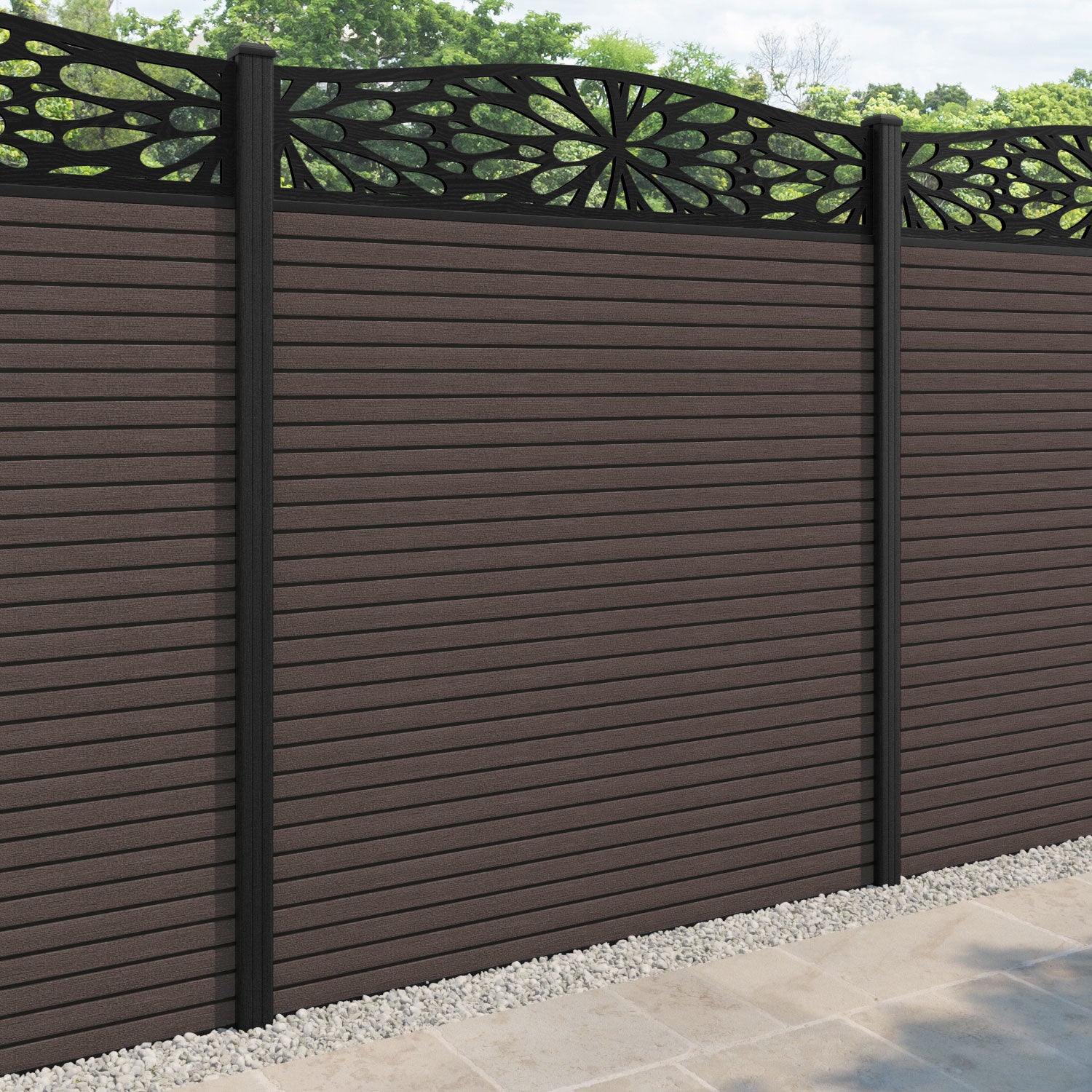 Hudson Blossom Curved Top Fence Panel - Mid Brown - with our composite posts