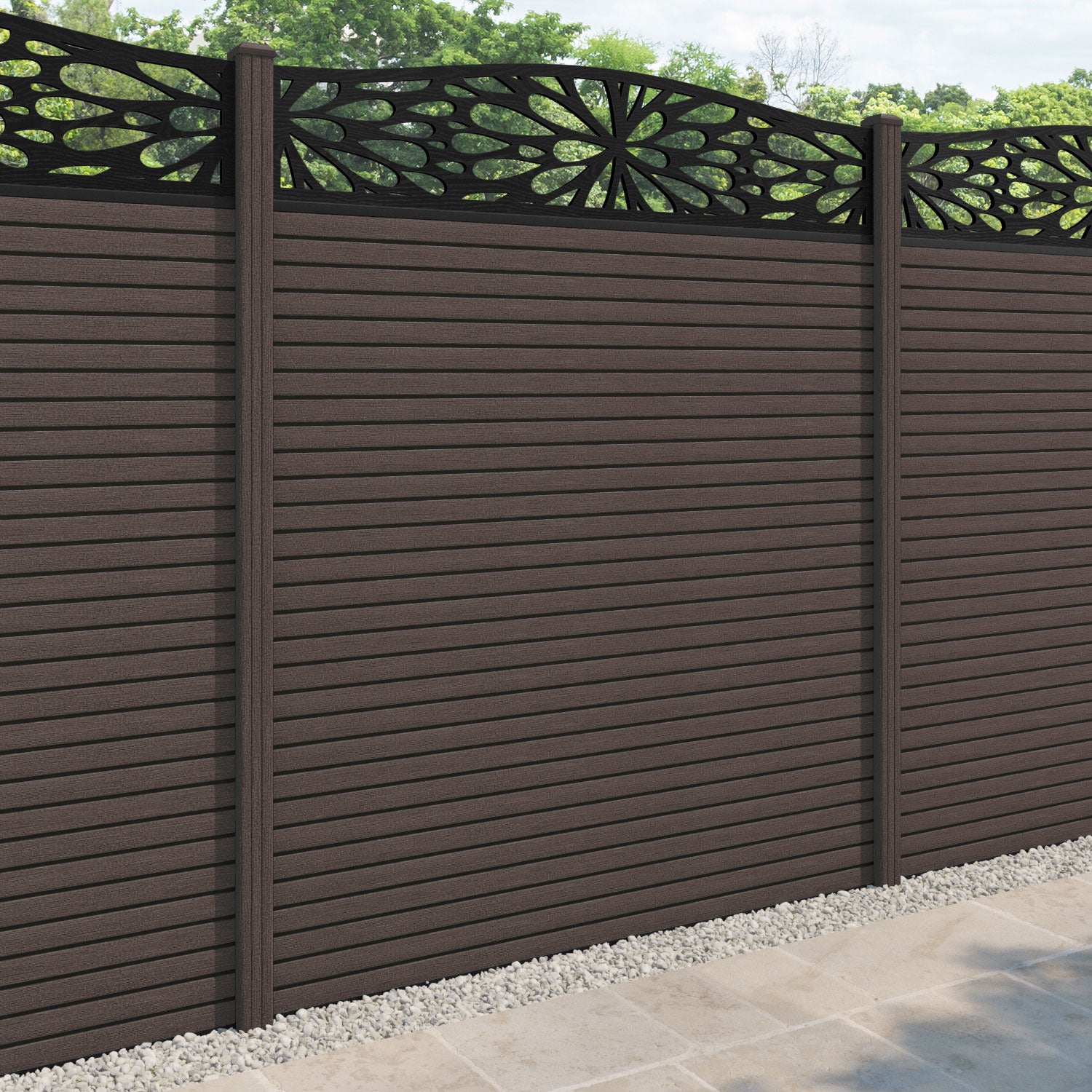 Hudson Blossom Curved Top Fence Panel - Mid Brown - with our composite posts