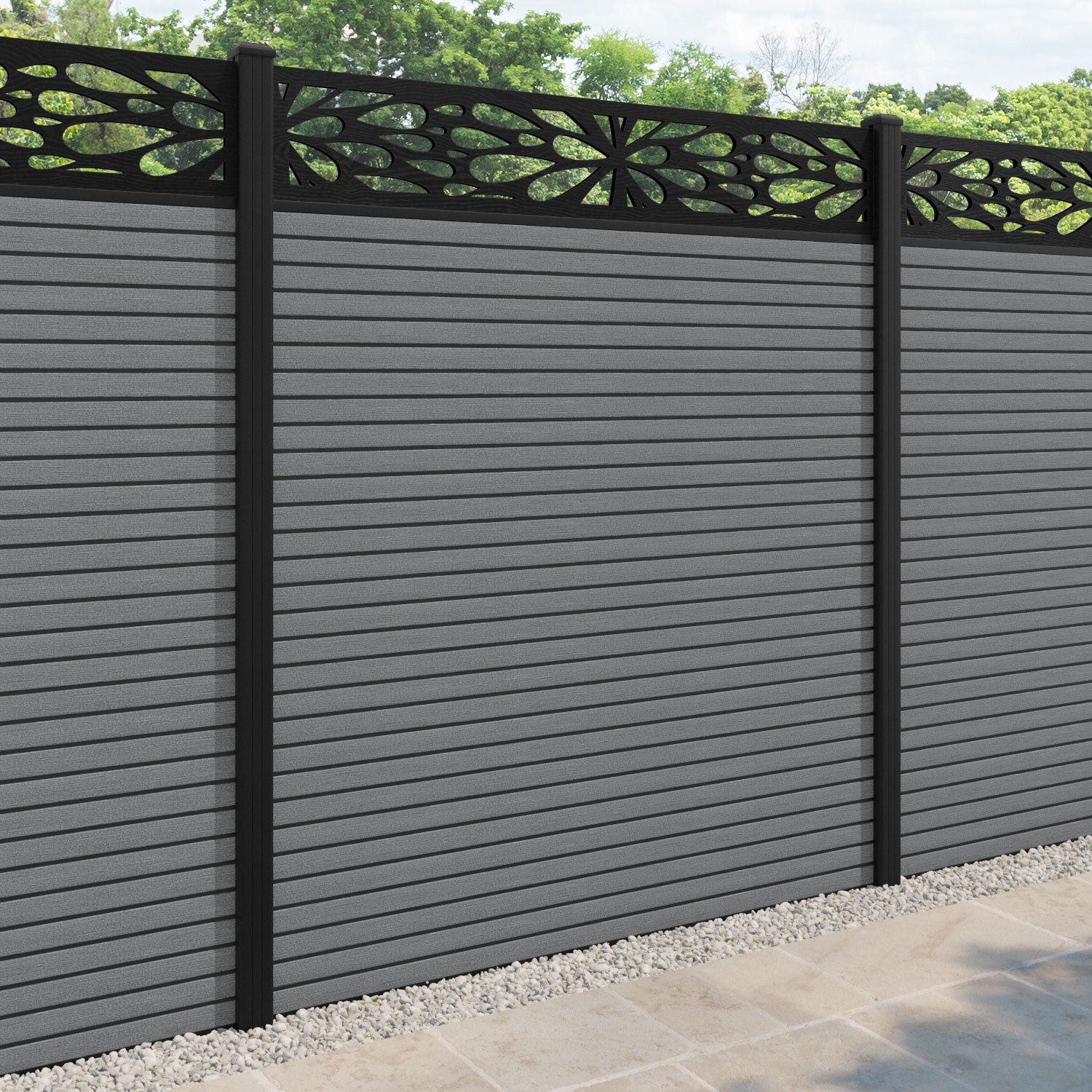 Hudson Blossom Fence Panel - Mid Grey - with our aluminium posts