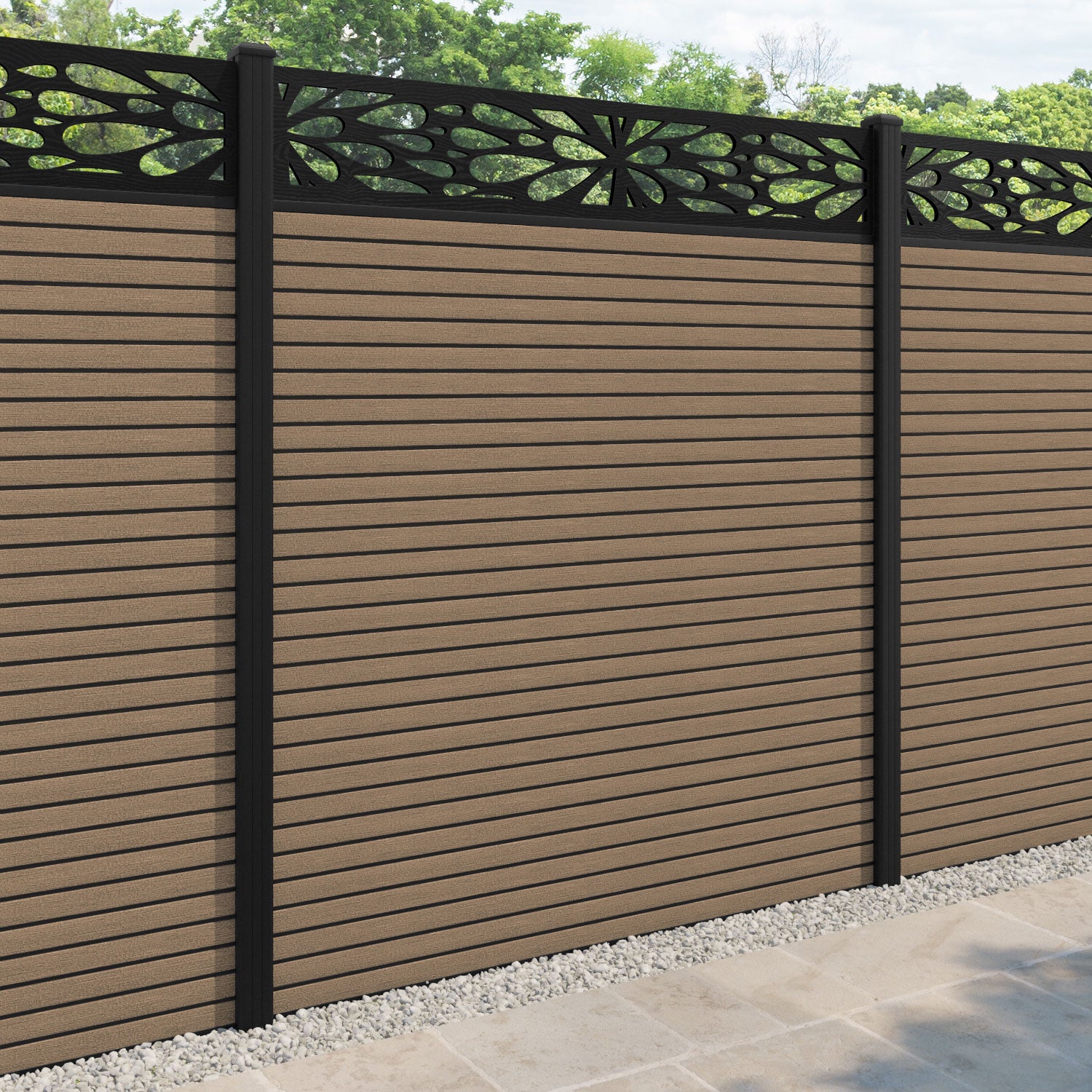 Hudson Blossom Fence Panel - Teak - with our aluminium posts