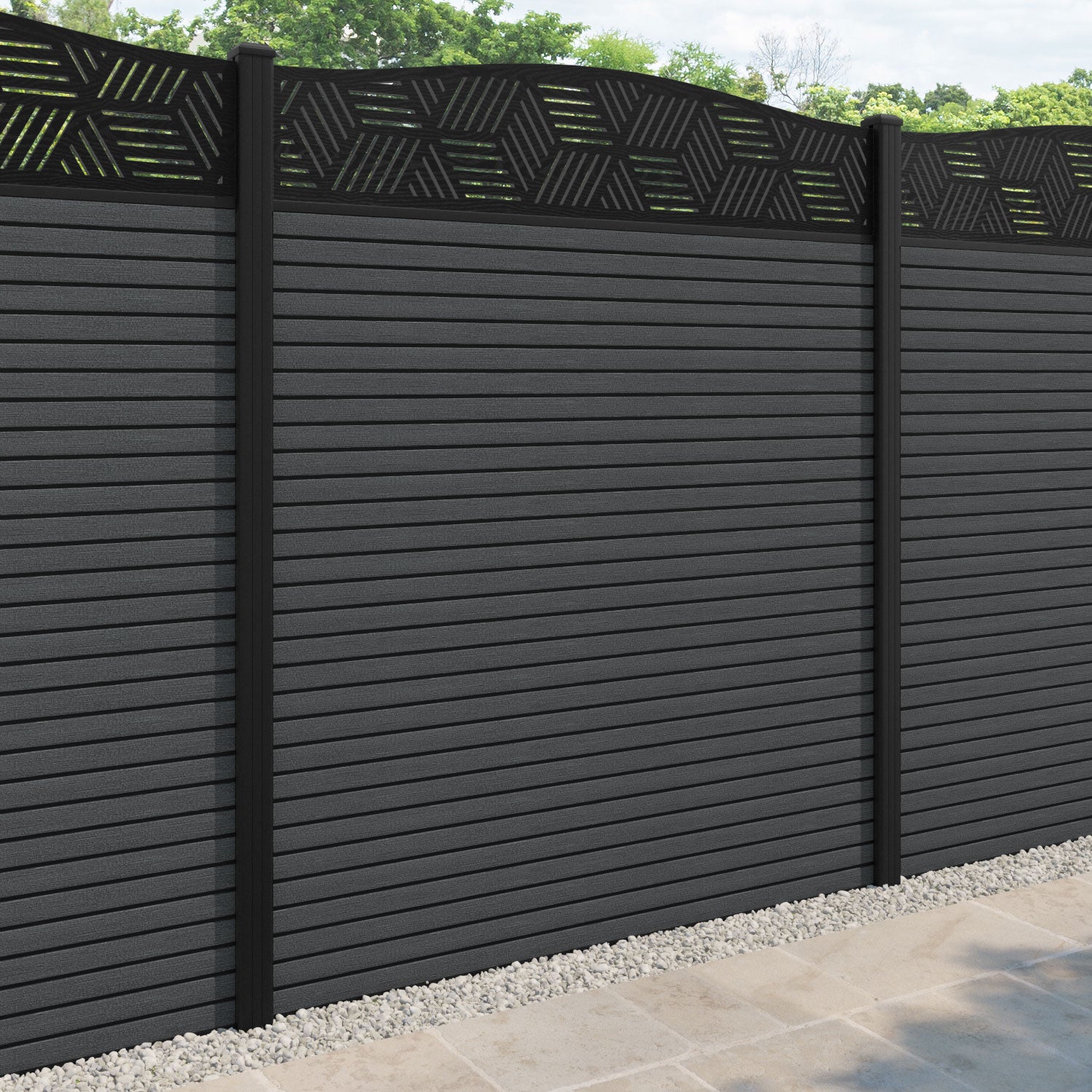 Hudson Cubed Curved Top Fence Panel - Dark Grey - with our aluminium posts