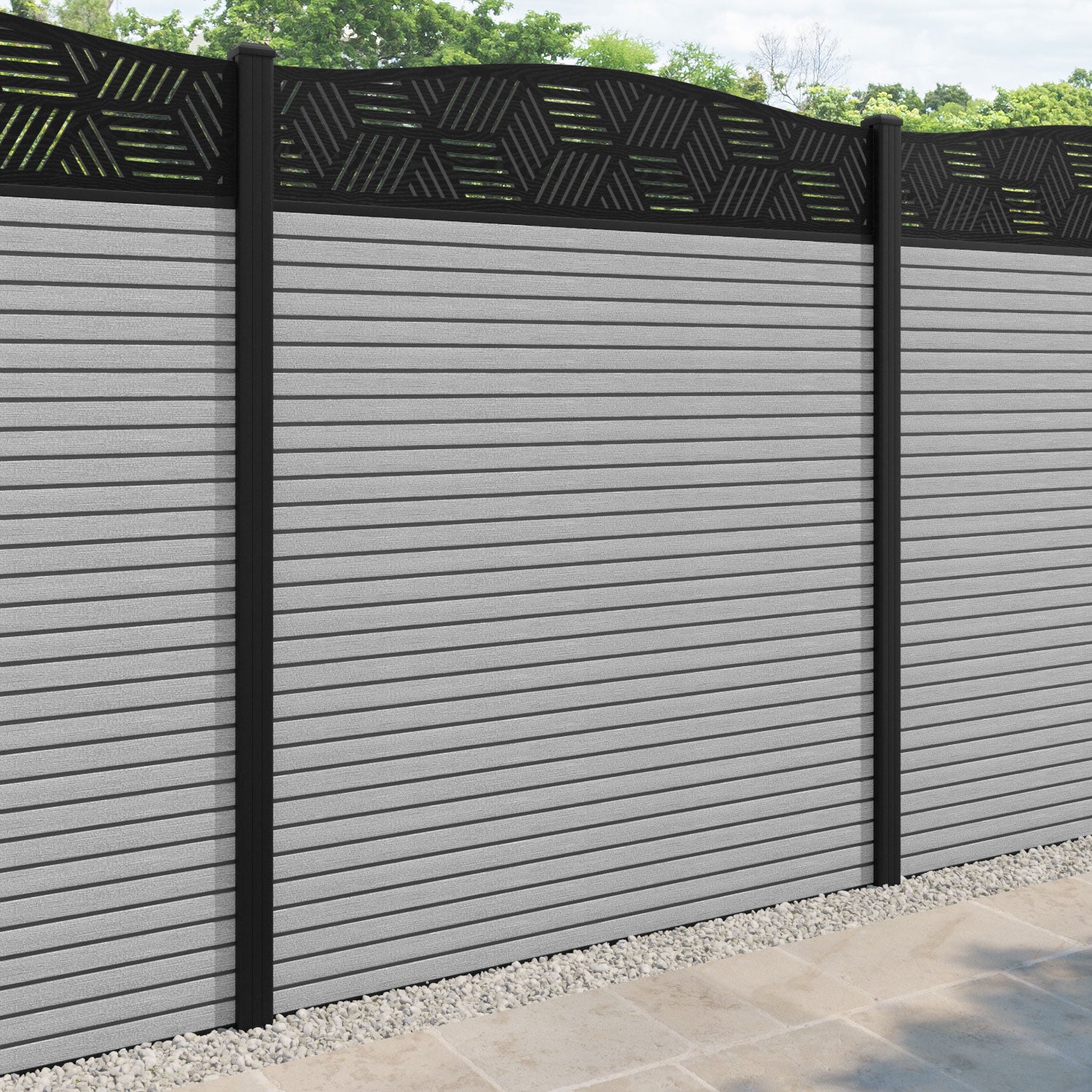 Hudson Cubed Curved Top Fence Panel - Light Grey - with our aluminium posts