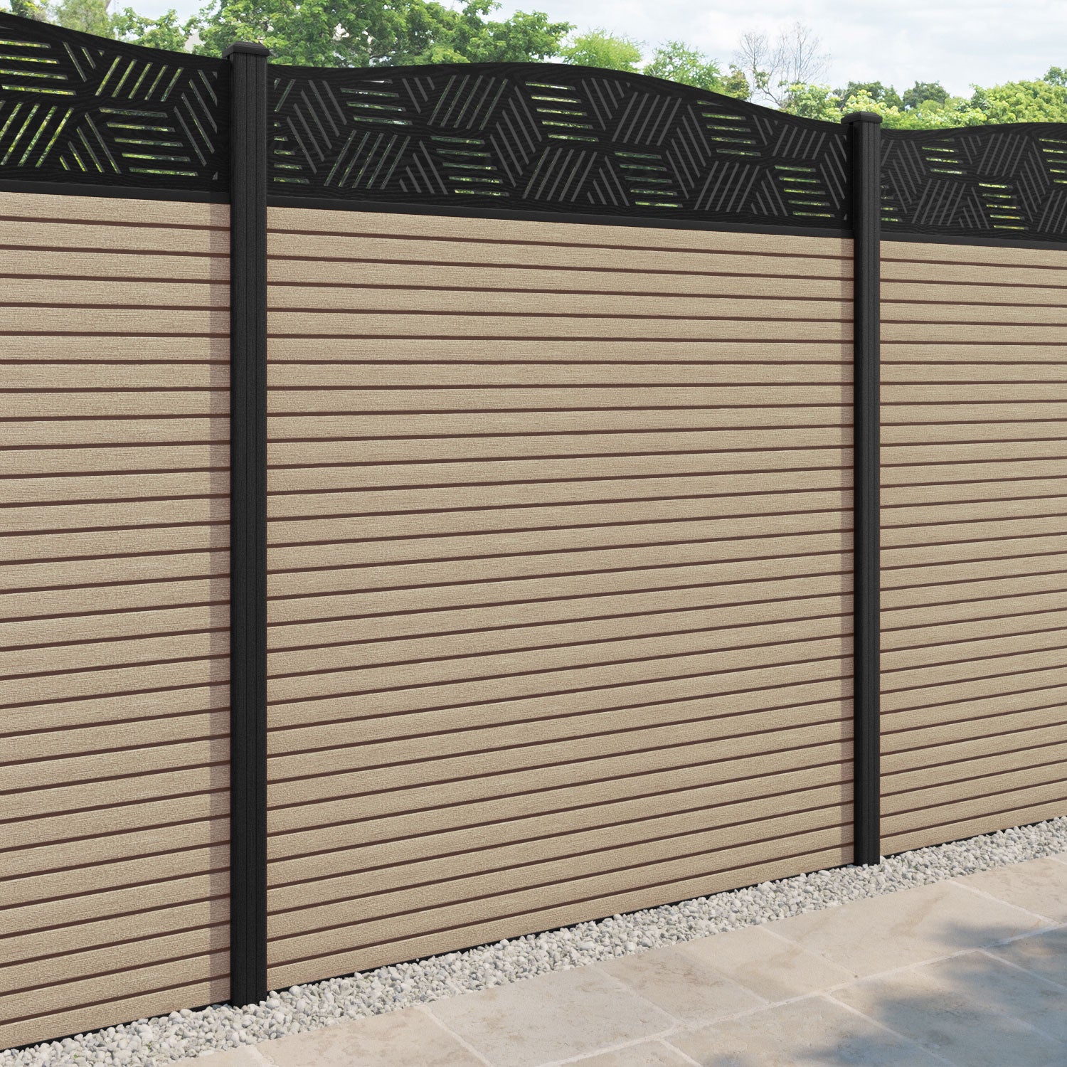 Hudson Cubed Curved Top Fence Panel - Light Oak - with our composite posts