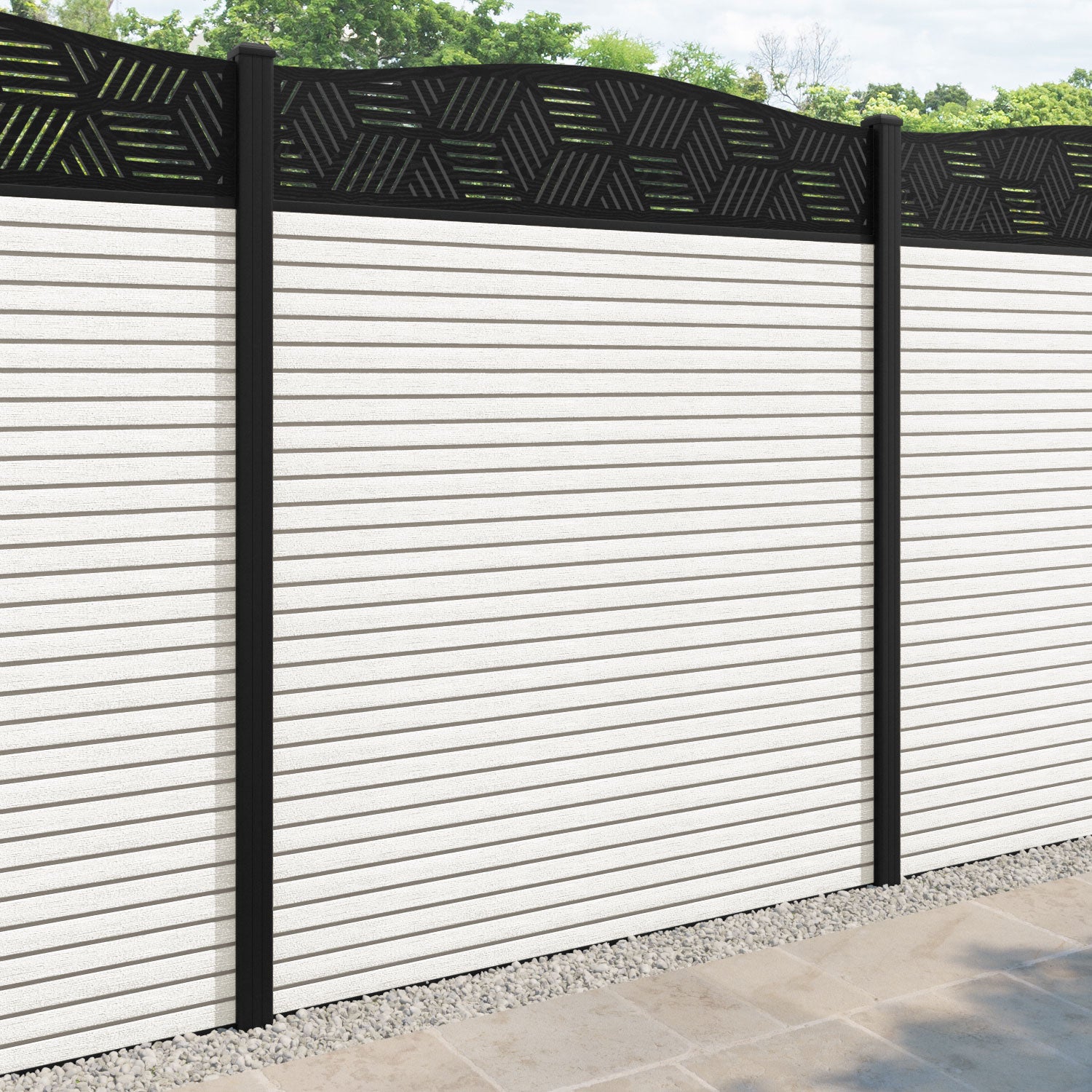 Hudson Cubed Curved Top Fence Panel - Light Stone - with our aluminium posts