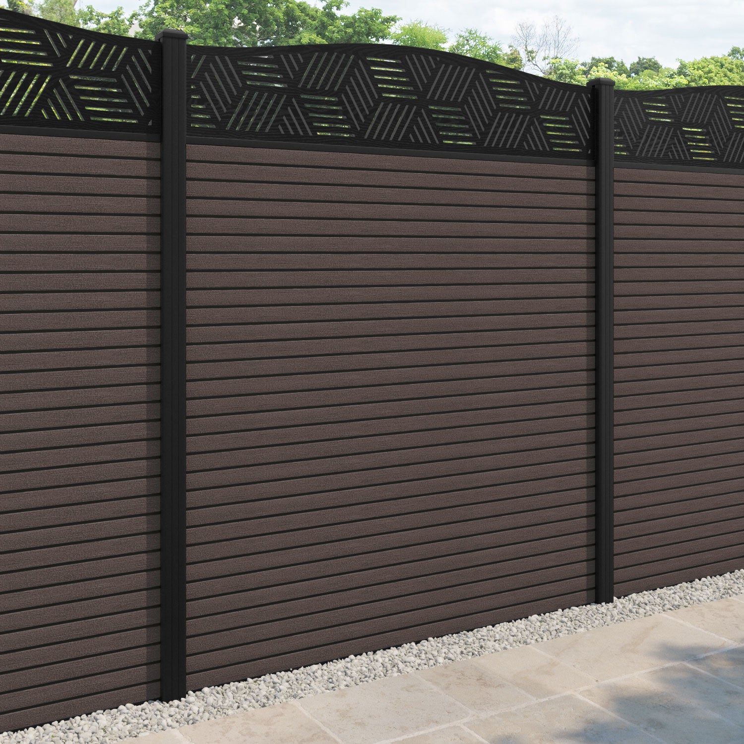 Hudson Cubed Curved Top Fence Panel - Mid Brown - with our aluminium posts