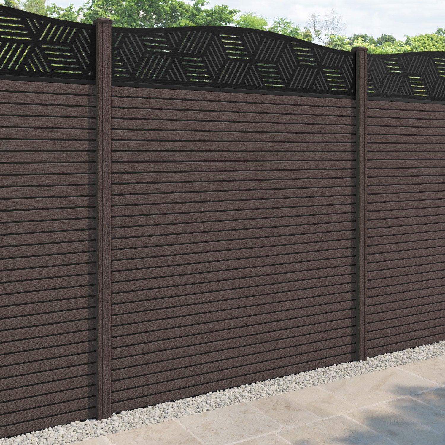 Hudson Cubed Curved Top Fence Panel - Mid Brown - with our composite posts