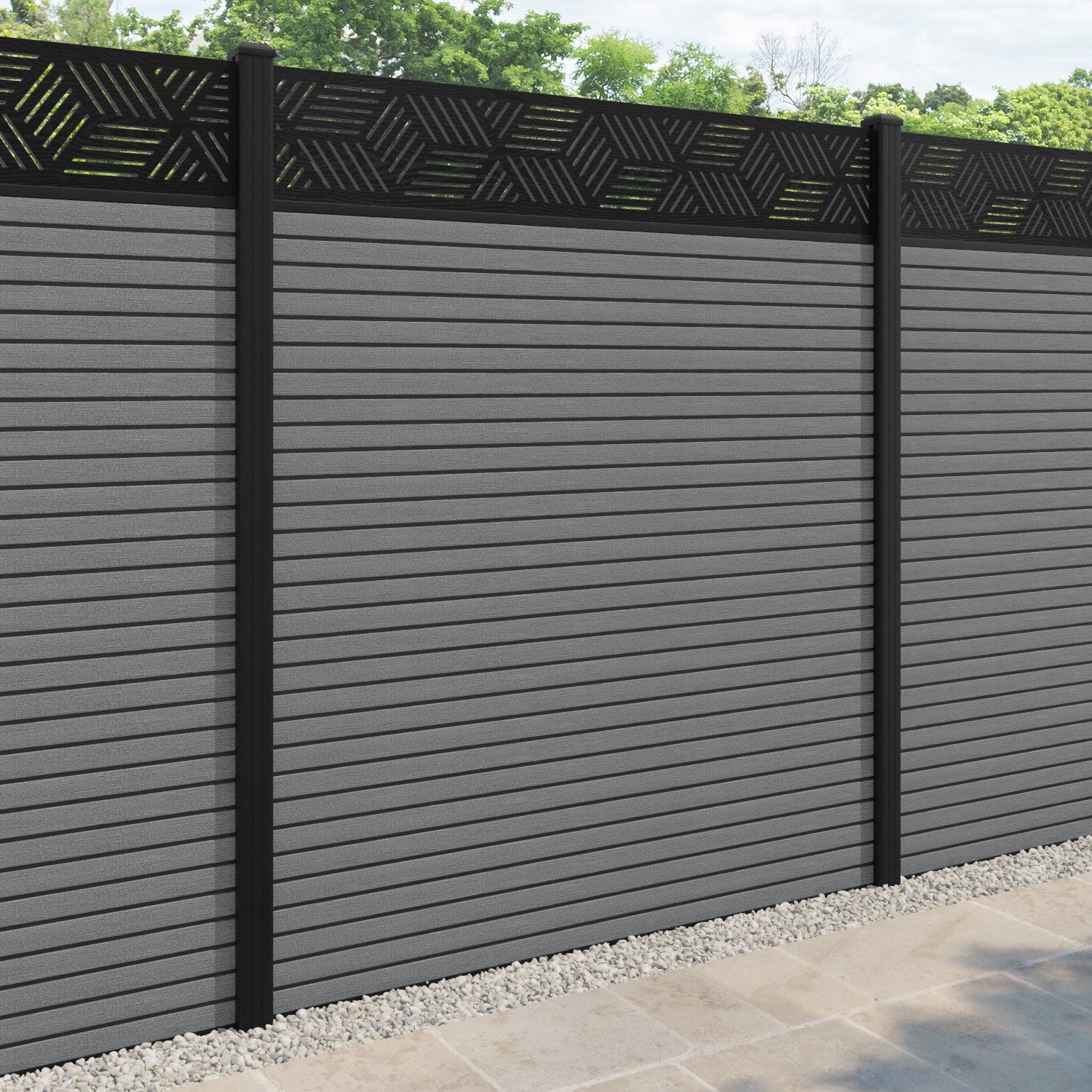 Hudson Cubed Fence Panel - Mid Grey - with our aluminium posts
