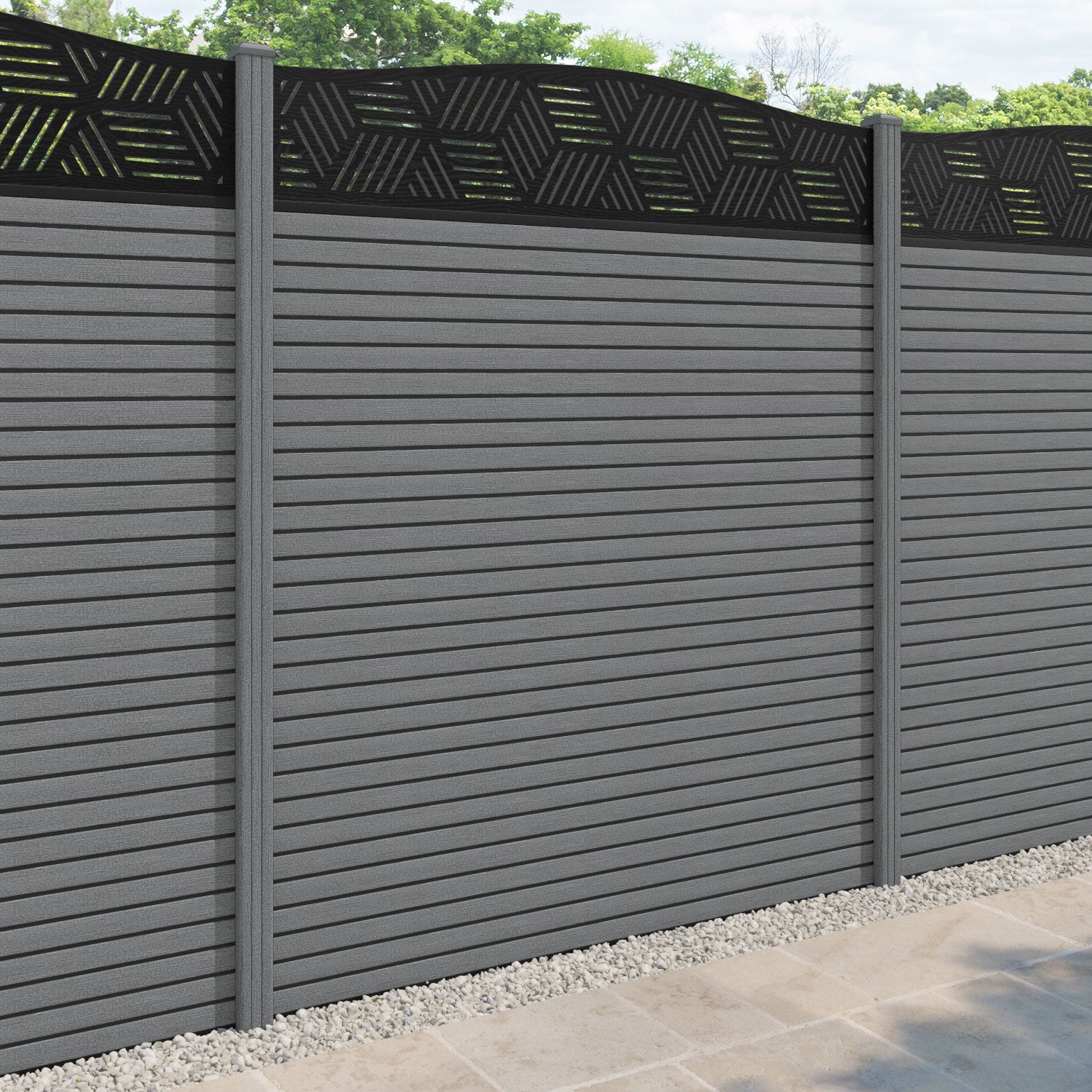 Hudson Cubed Curved Top Fence Panel - Mid Grey - with our composite posts