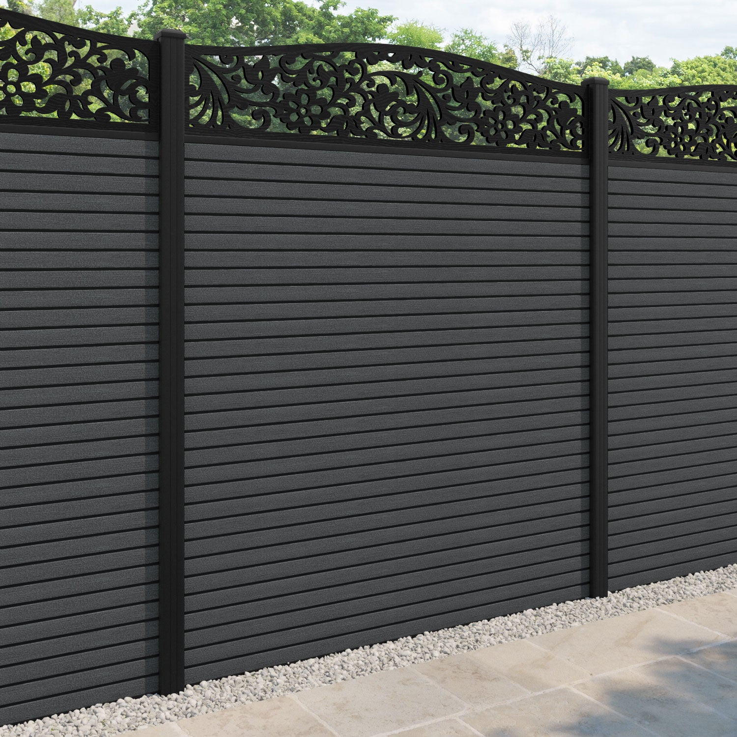 Hudson Eden Curved Top Fence Panel - Dark Grey - with our aluminium posts