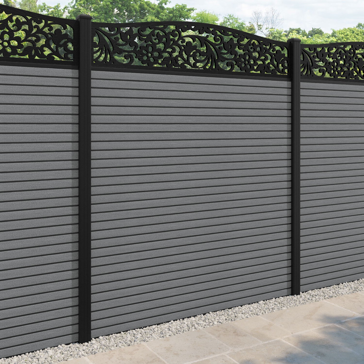 Hudson Eden Curved Top Fence Panel - Mid Grey - with our aluminium posts