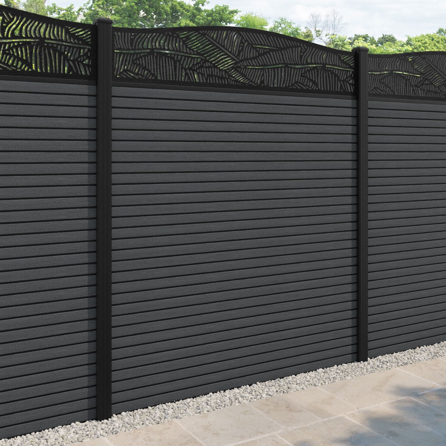 Hudson Feather Curved Top Fence Panel - Dark Grey - with our aluminium posts