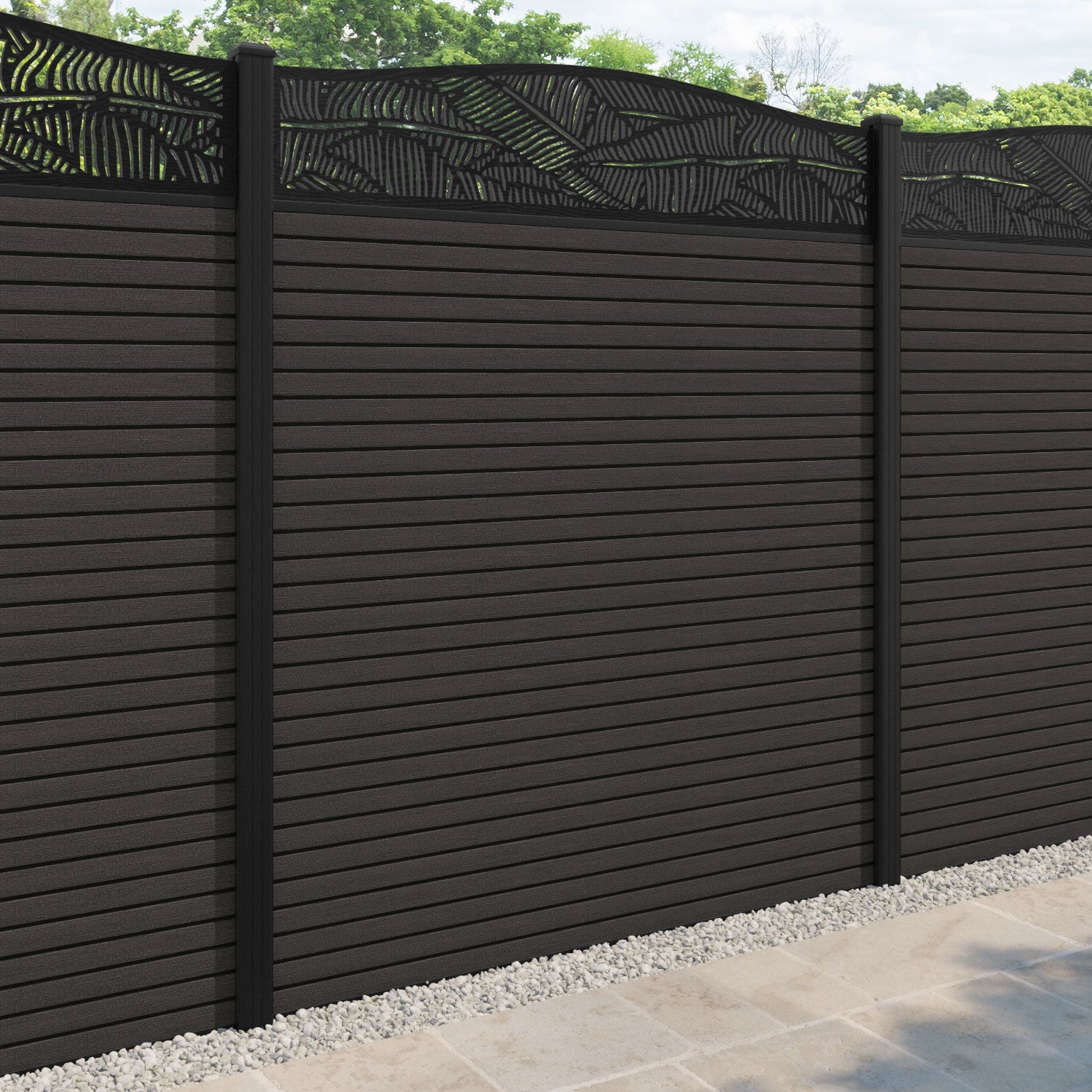 Hudson Feather Curved Top Fence Panel - Dark Oak - with our aluminium posts