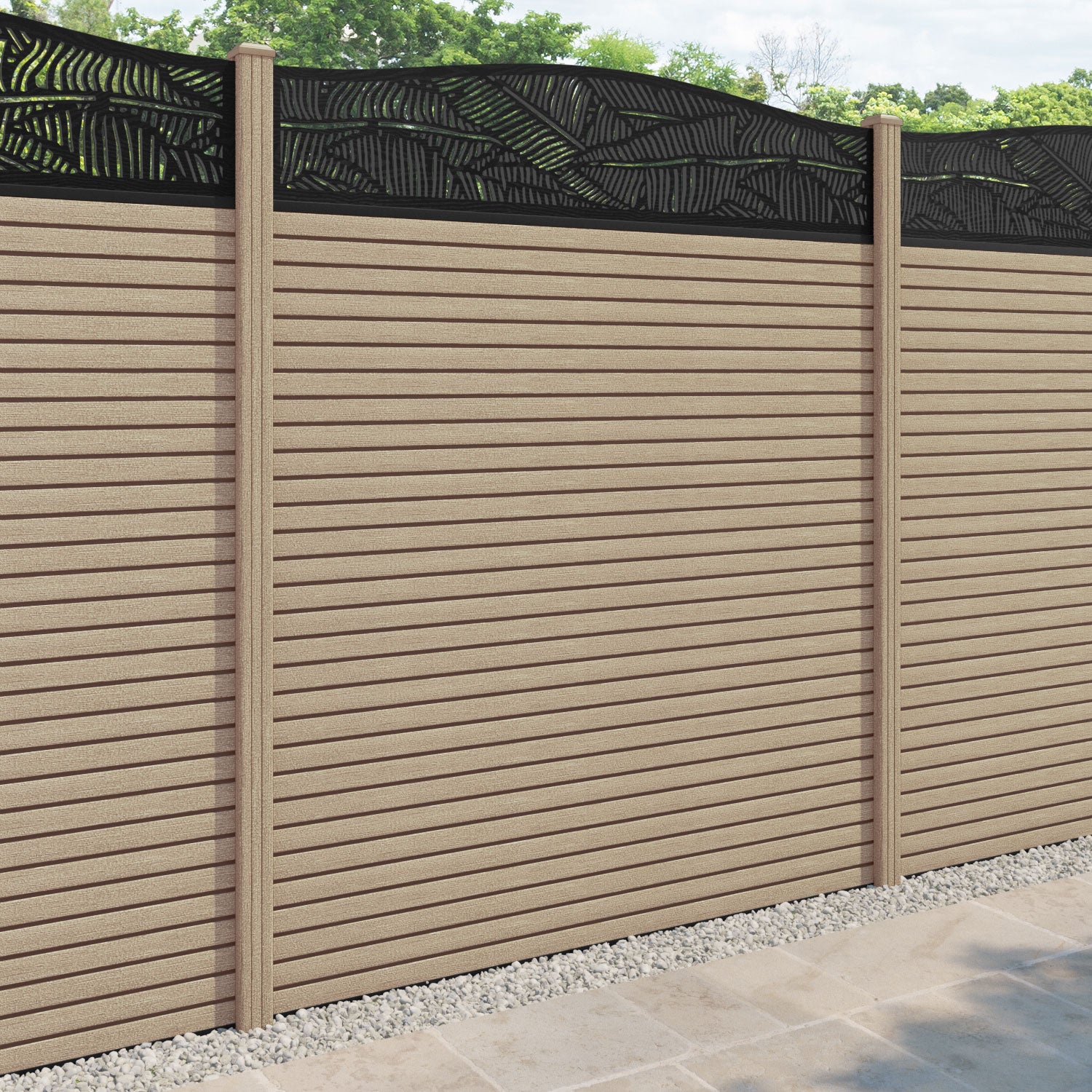 Hudson Feather Curved Top Fence Panel - Light Oak - with our composite posts