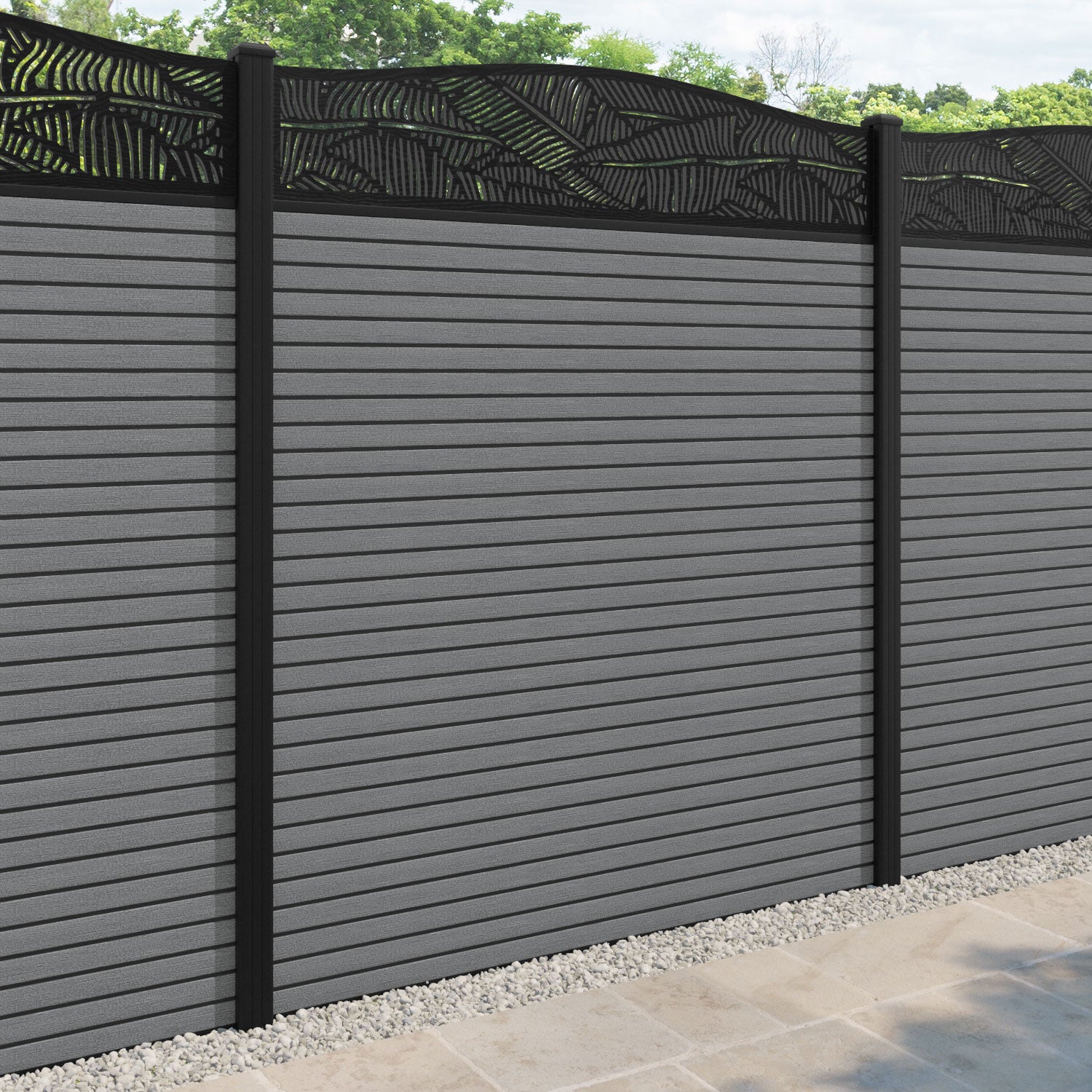 Hudson Feather Curved Top Fence Panel - Mid Grey - with our aluminium posts