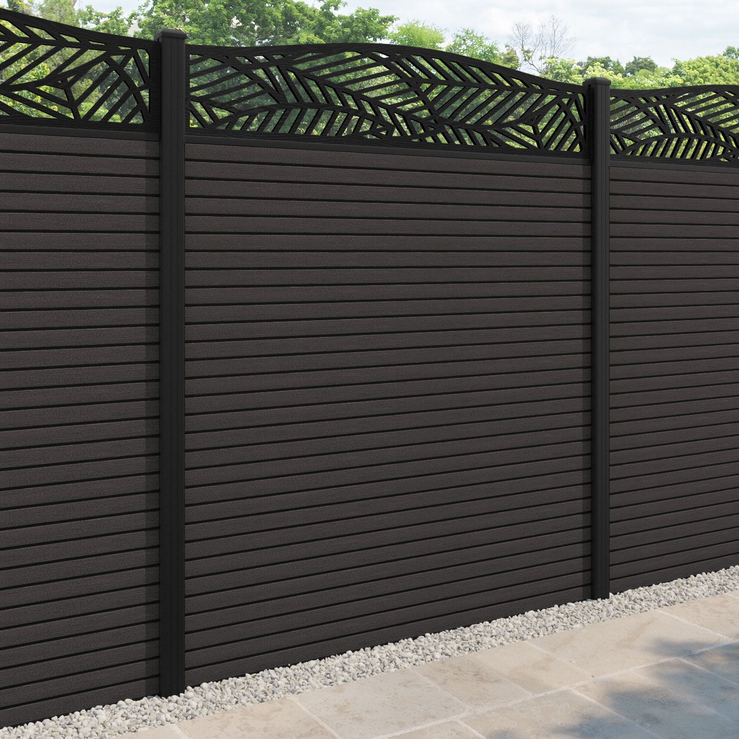 Hudson Habitat Curved Top Fence Panel - Dark Oak - with our aluminium posts
