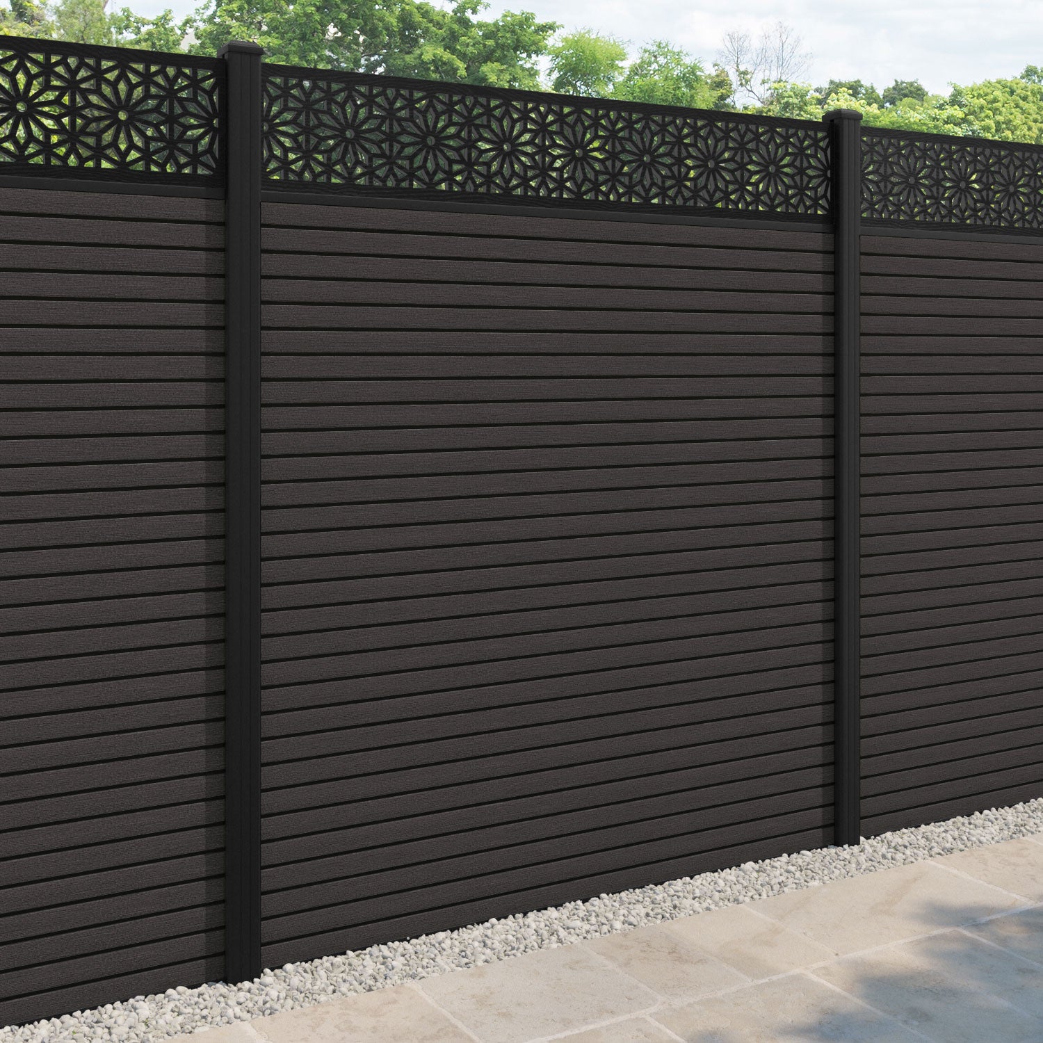 Hudson Narwa Fence Panel - Dark Oak - with our aluminium posts