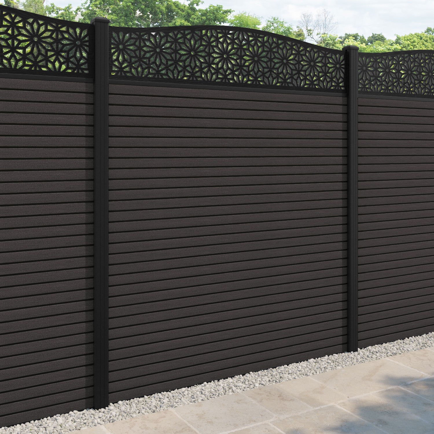 Hudson Narwa Curved Top Fence Panel - Dark Oak - with our aluminium posts