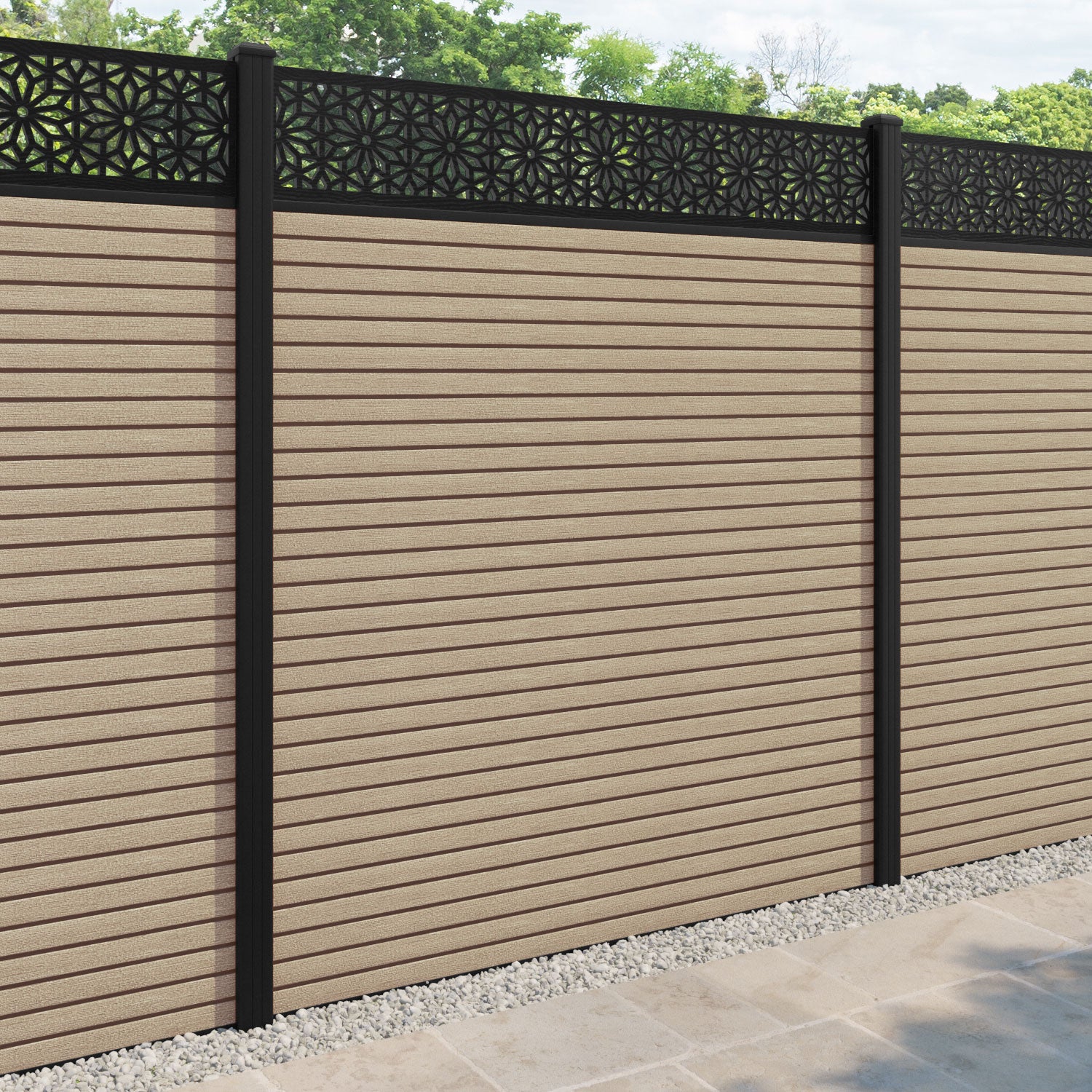 Hudson Narwa Fence Panel - Light Oak - with our aluminium posts