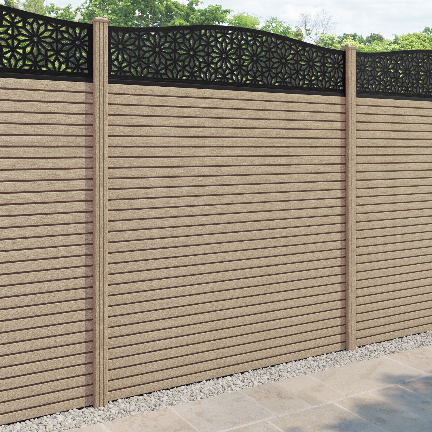 Hudson Narwa Curved Top Fence Panel - Light Oak - with our composite posts