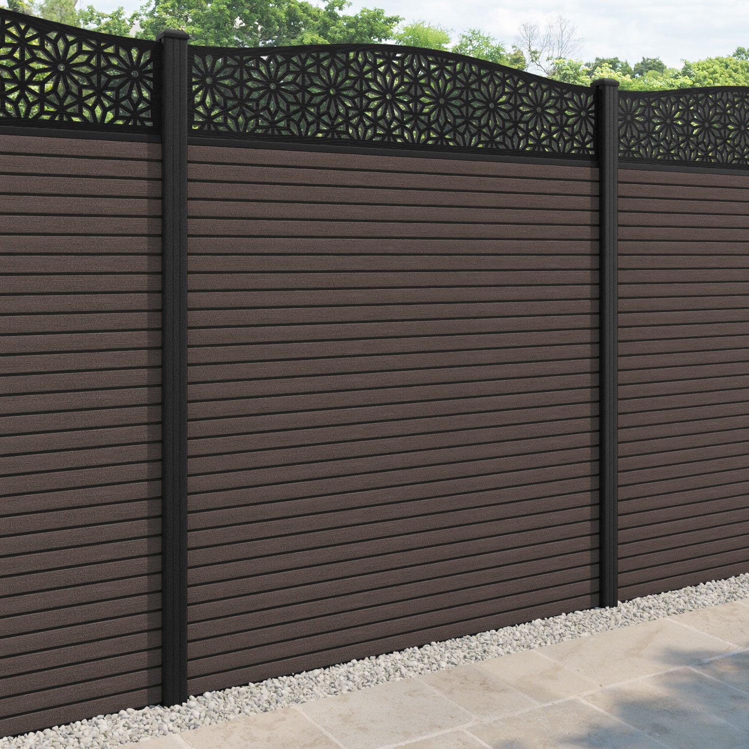 Hudson Narwa Curved Top Fence Panel - Mid Brown - with our composite posts