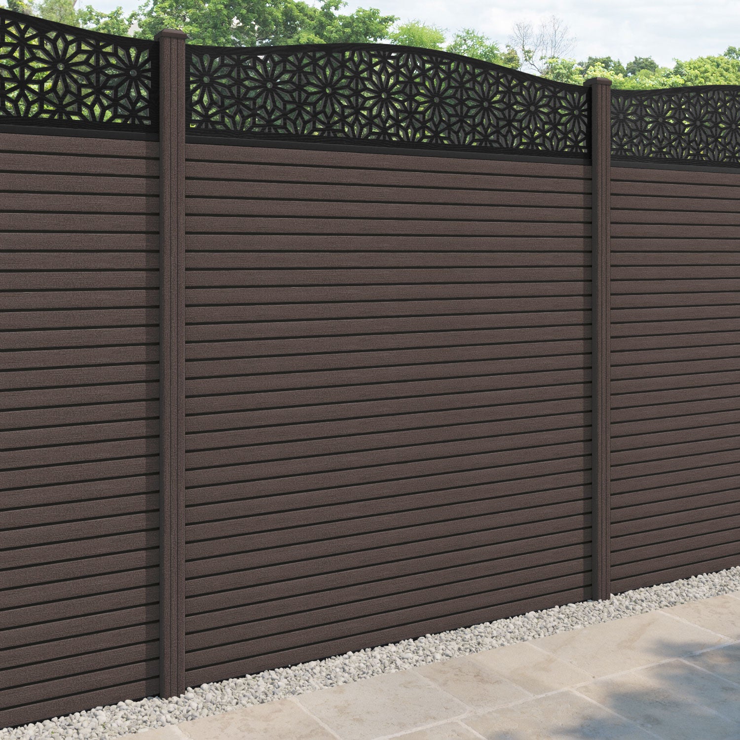 Hudson Narwa Curved Top Fence Panel - Mid Brown - with our composite posts